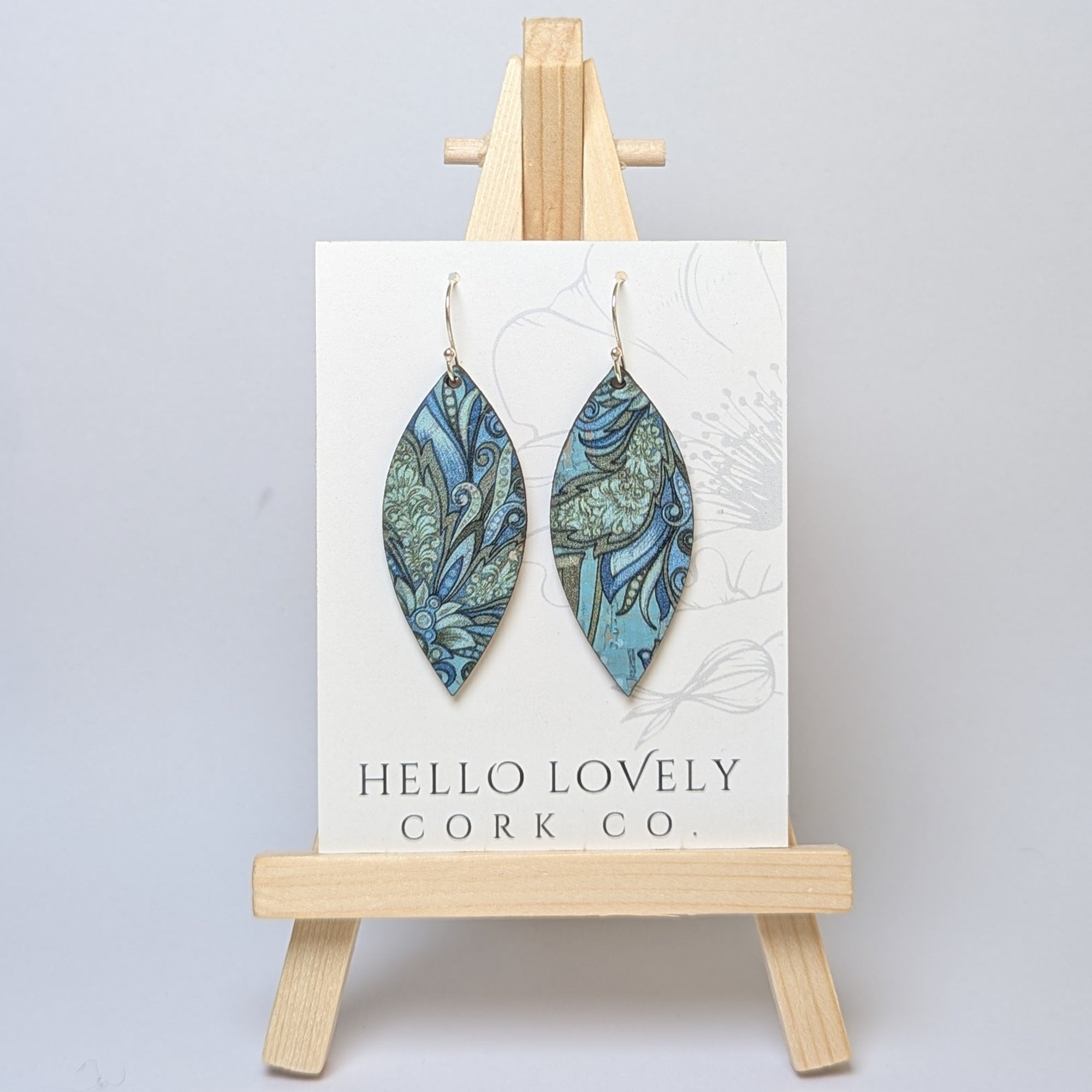 Olive and Teal Floral Cork Earrings - Small Leaf