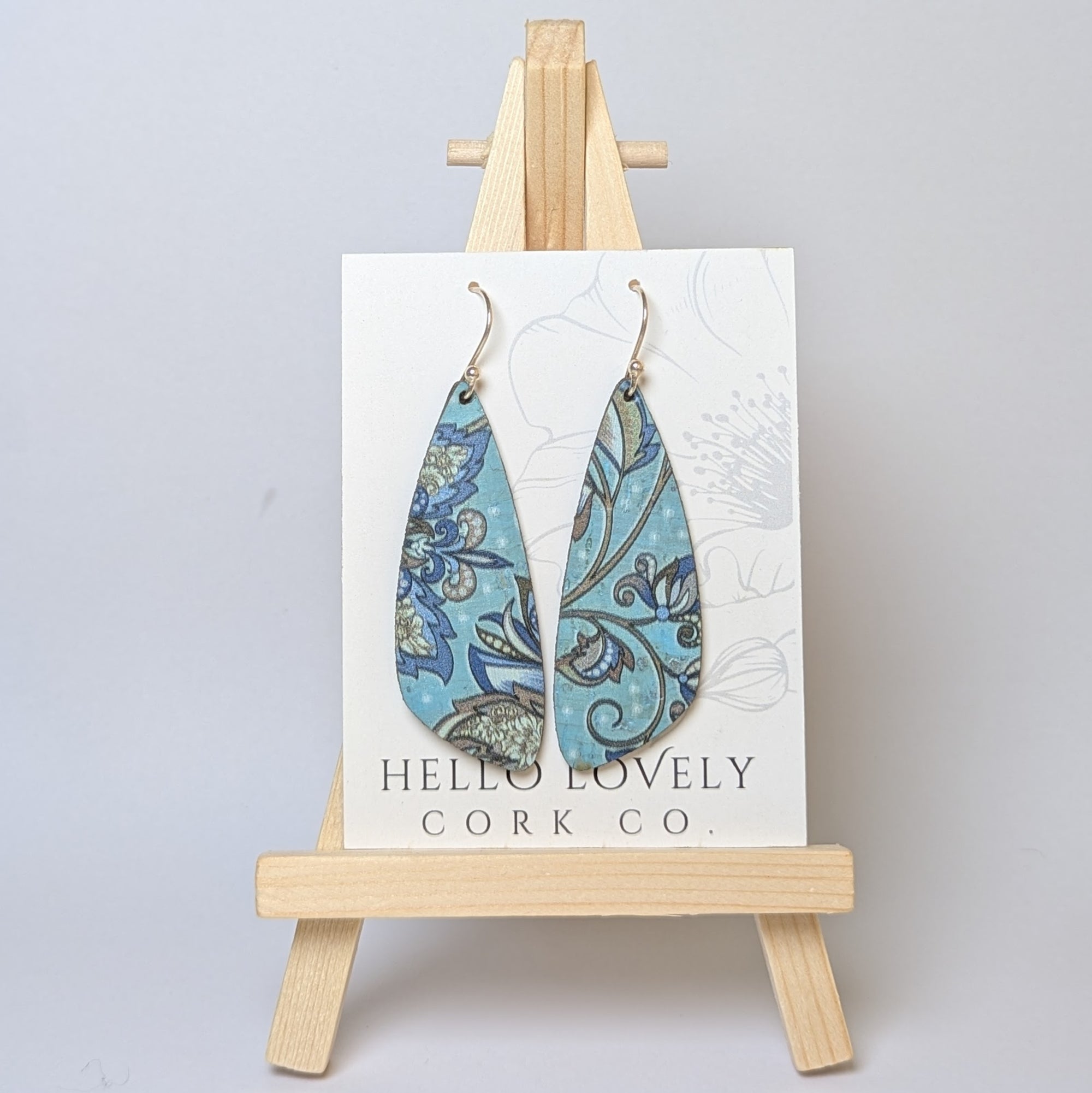 Olive and Teal Floral Cork Earrings - Small Wing
