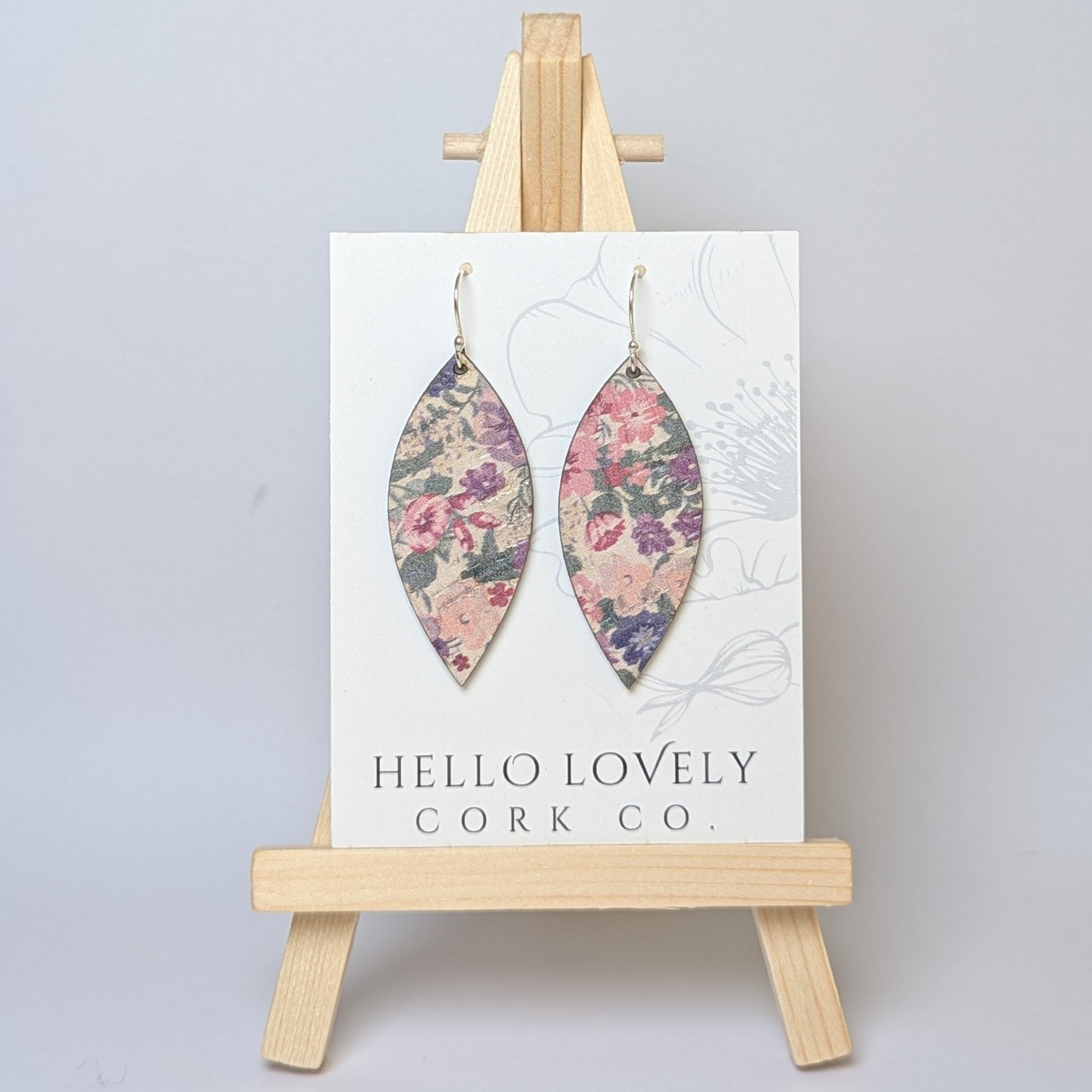 Pink Pansies Cork Earrings - Small Leaf
