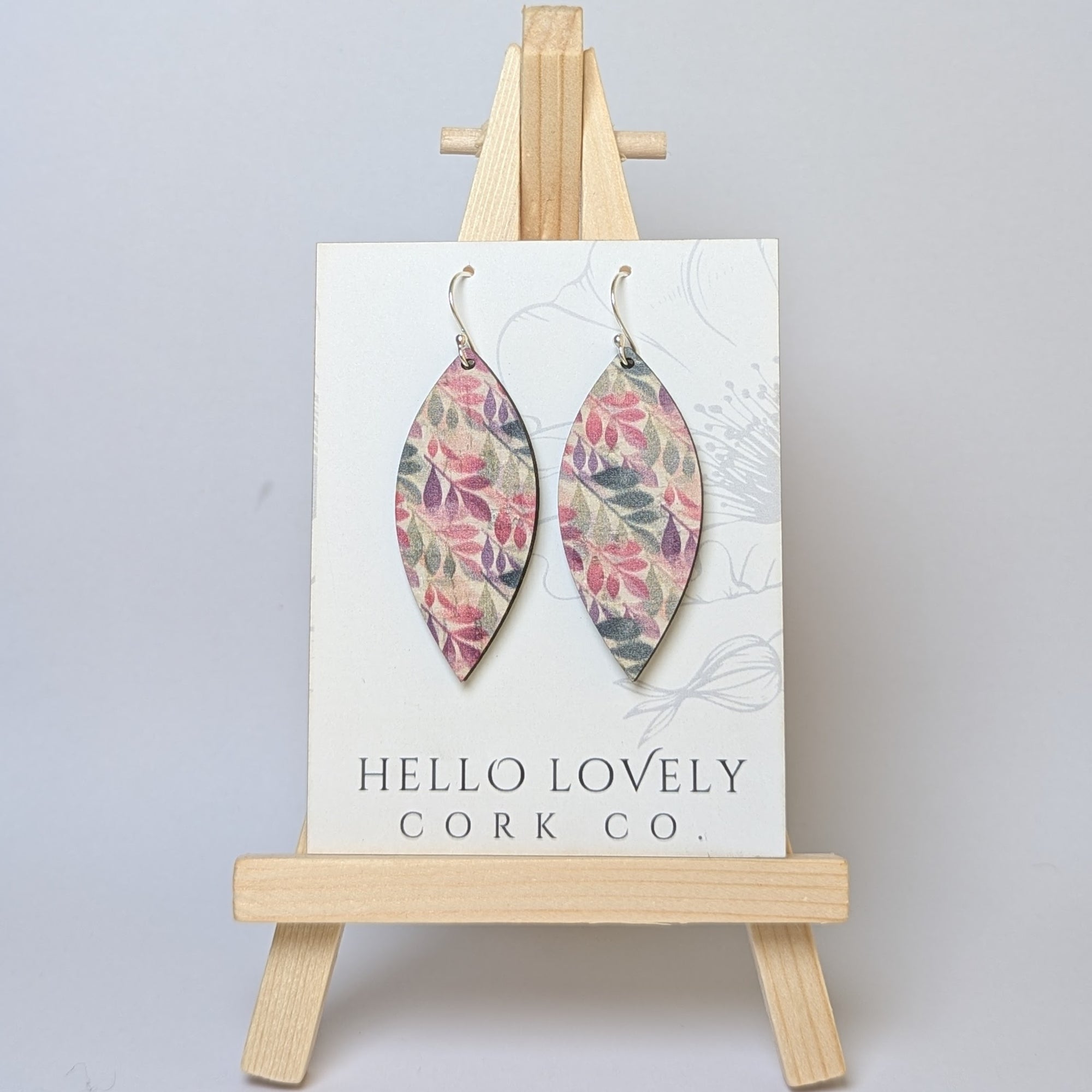 Green and Fuchsia Leaves Cork Earrings - Small Leaf