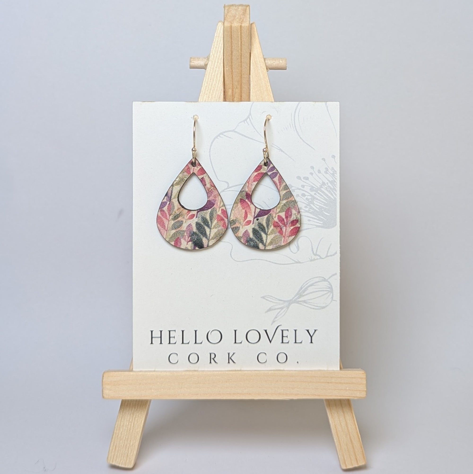 Green and Fuchsia Leaves Cork Earrings - Small Teardrop