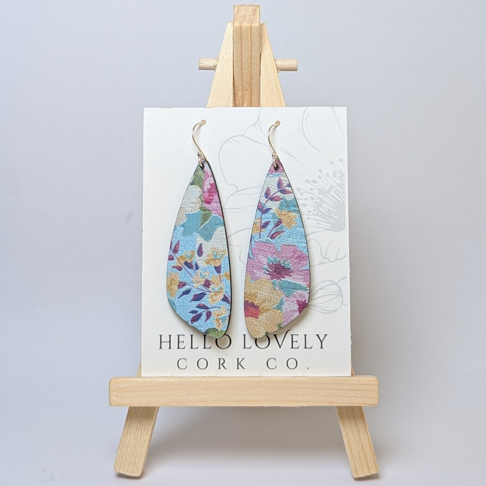 Spring Floral on Blue Cork Earrings - Small Wing