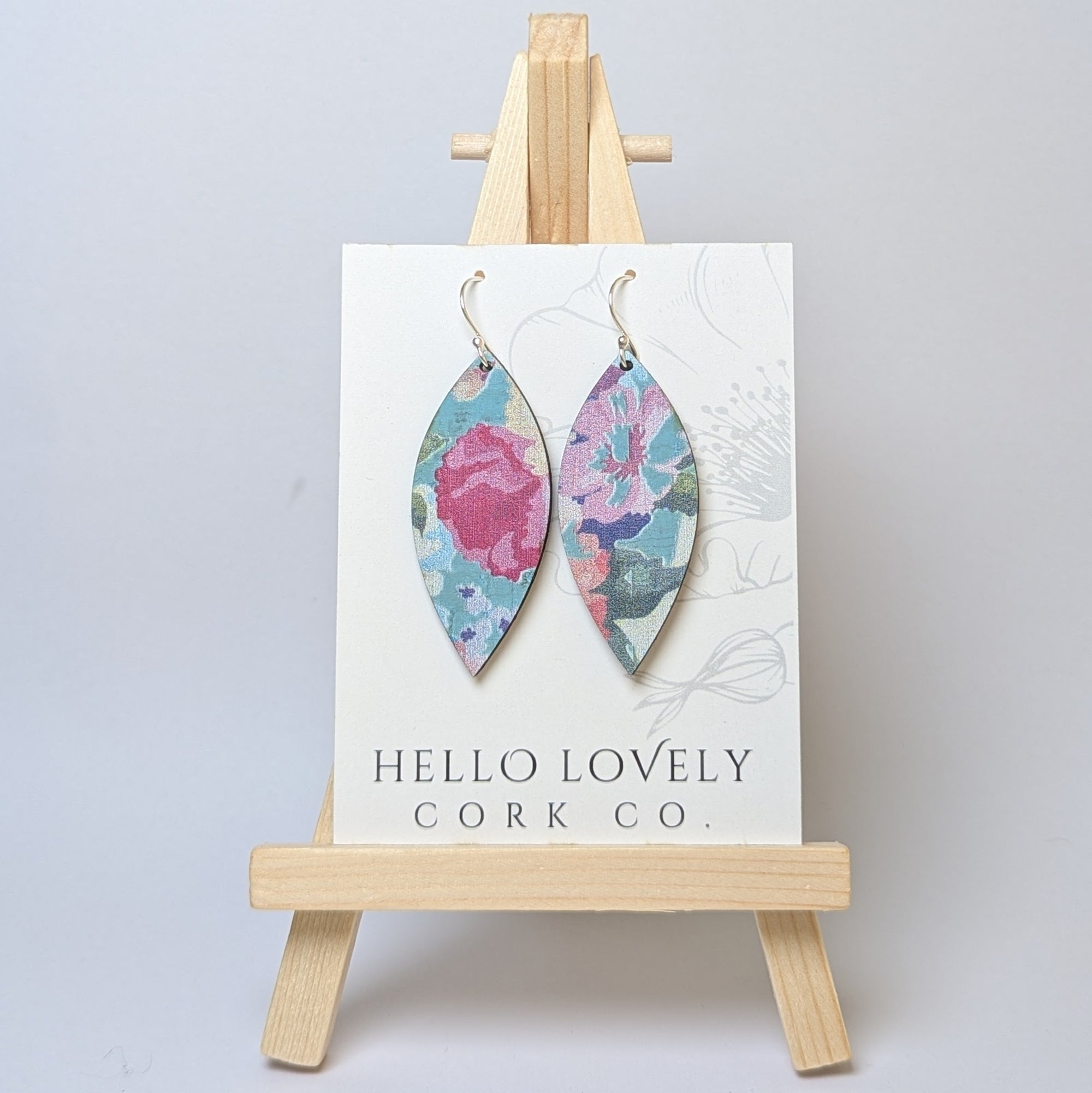 Spring Floral on Blue Cork Earrings - Small Leaf
