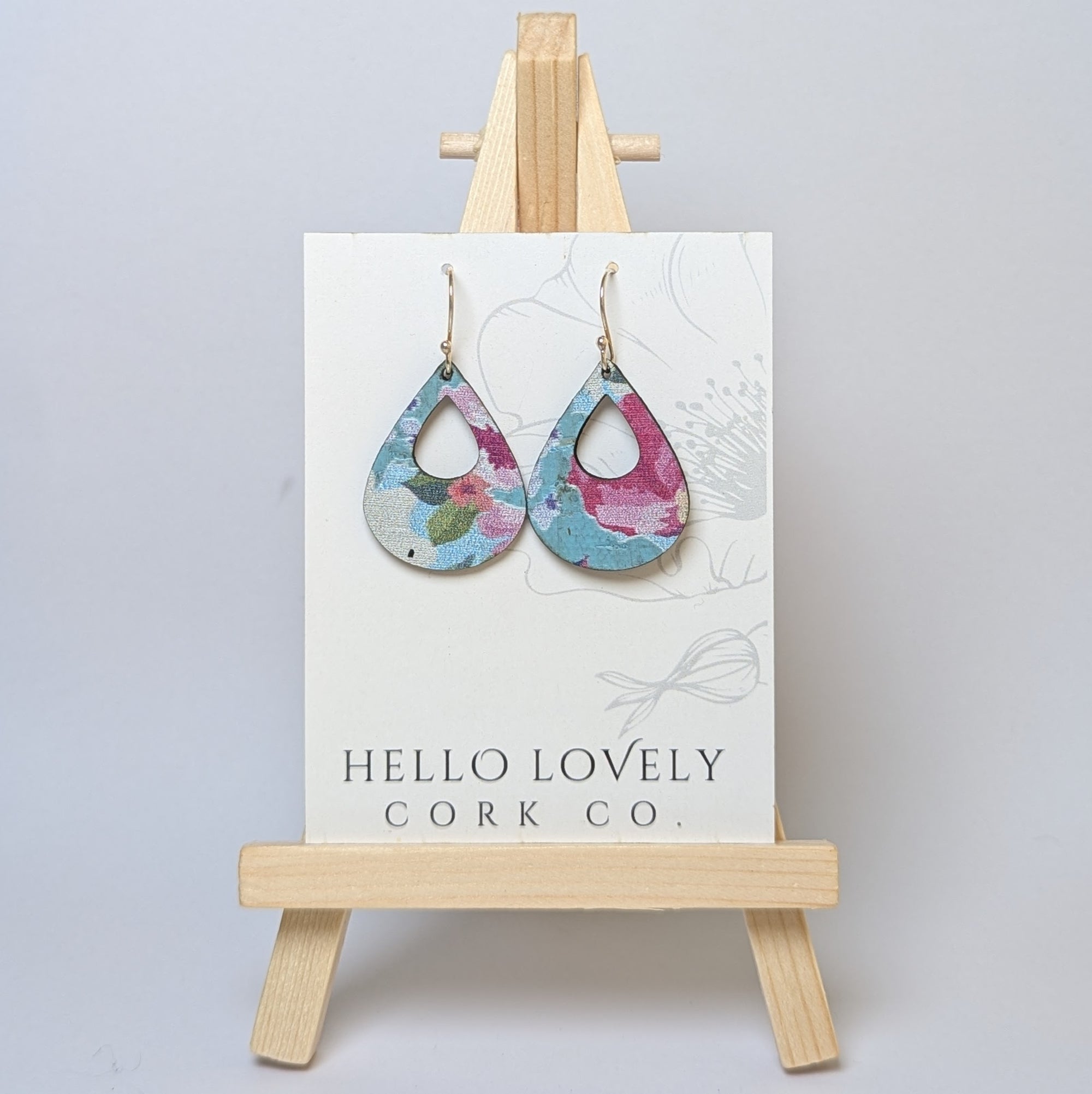 Spring Floral on Blue Cork Earrings - Small Teardrop
