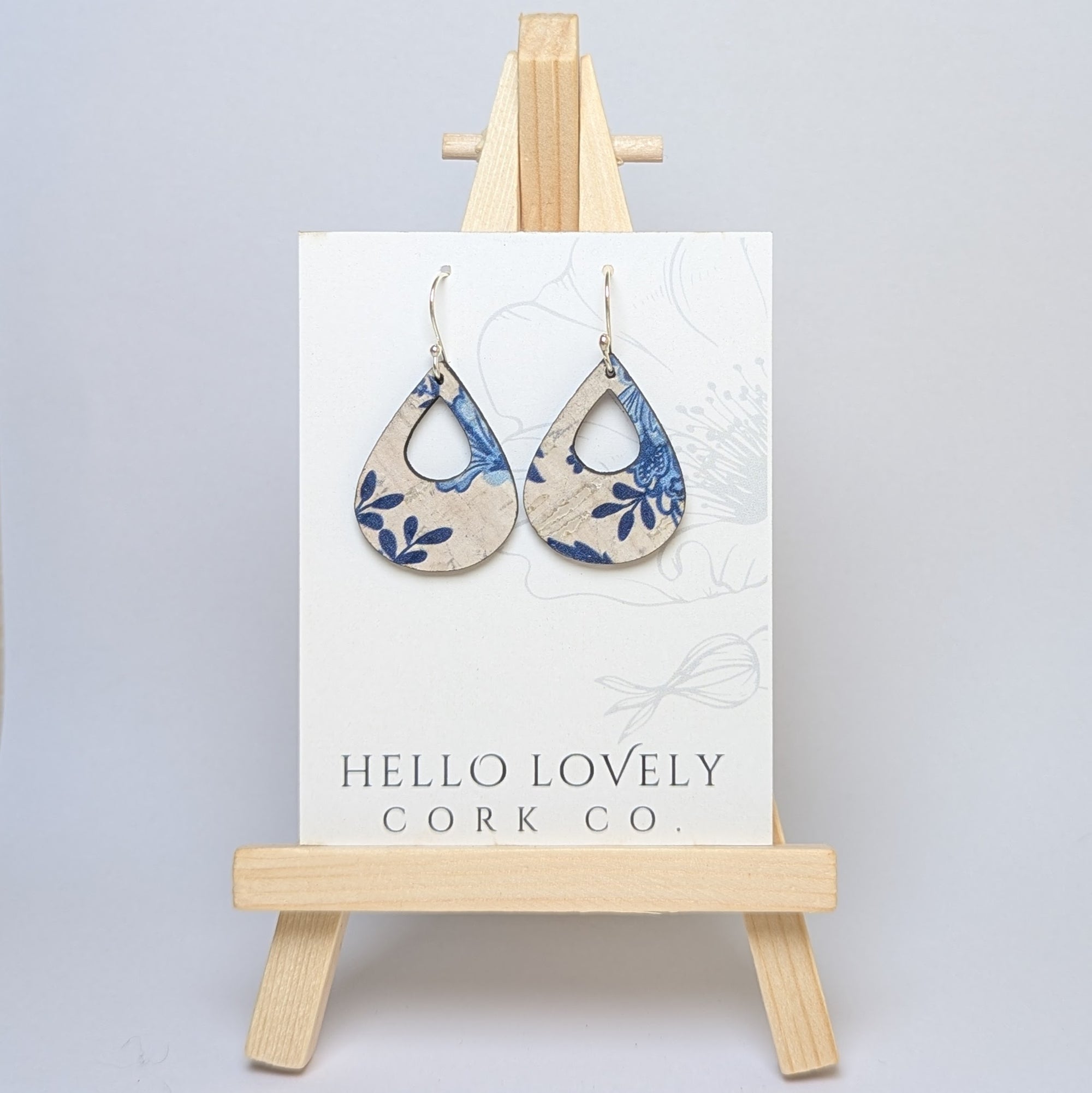 Blue and White Floral Cork Earrings - Small Teardrop
