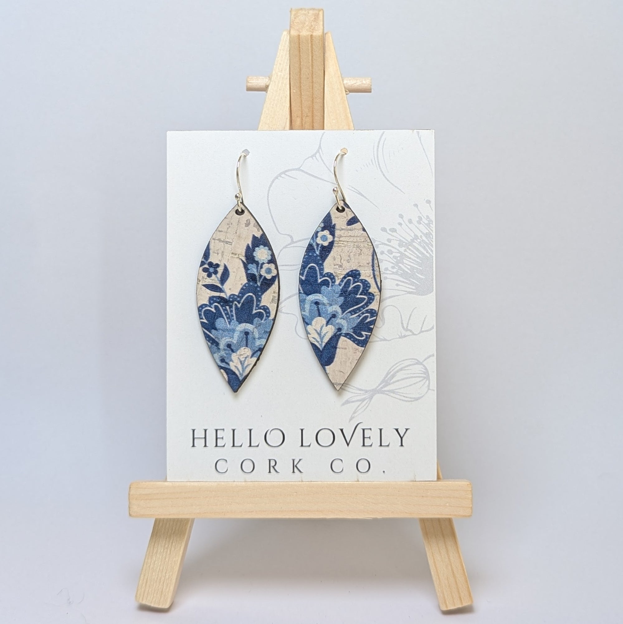 Blue and White Floral Cork Earrings - Small Leaf