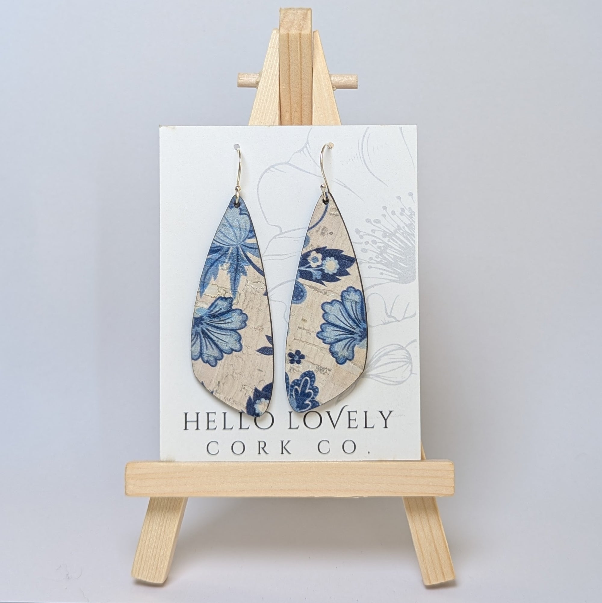 Blue and White Floral Cork Earrings - Small Wing