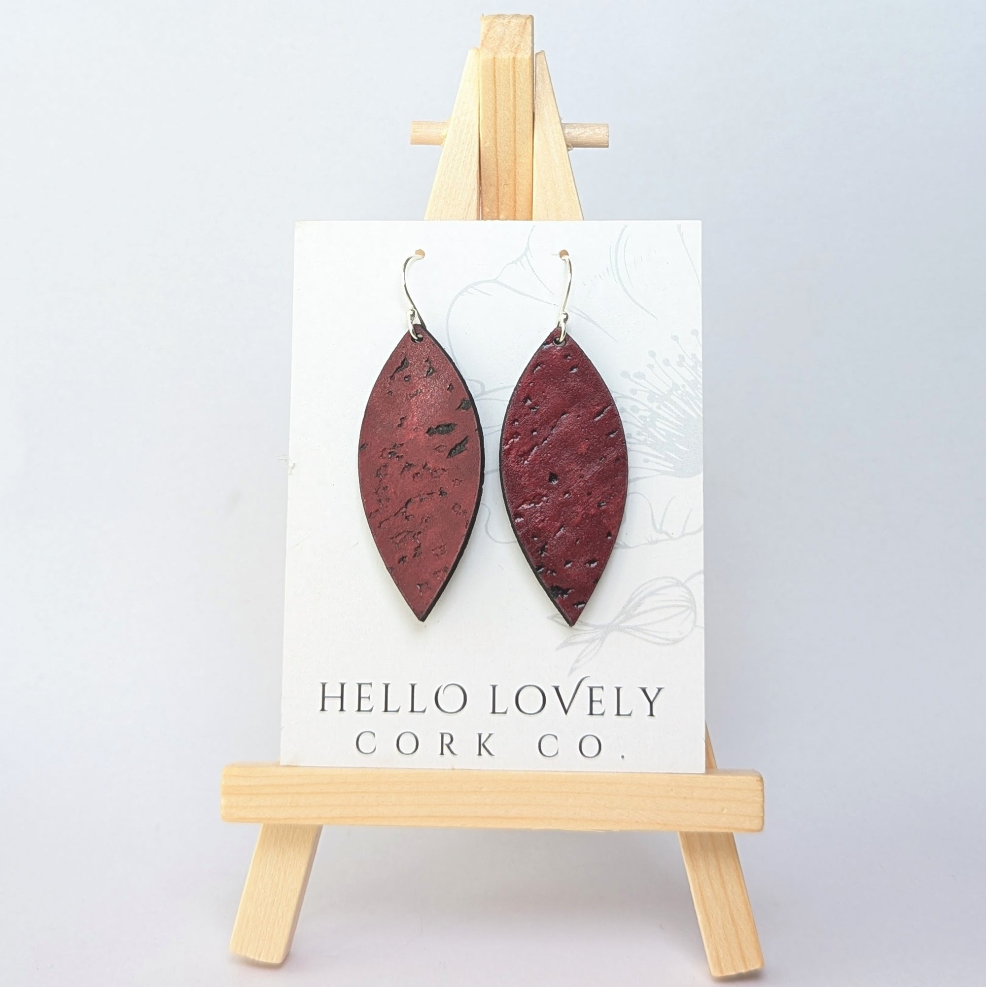 Wine Red Cork Earrings - Small Leaf