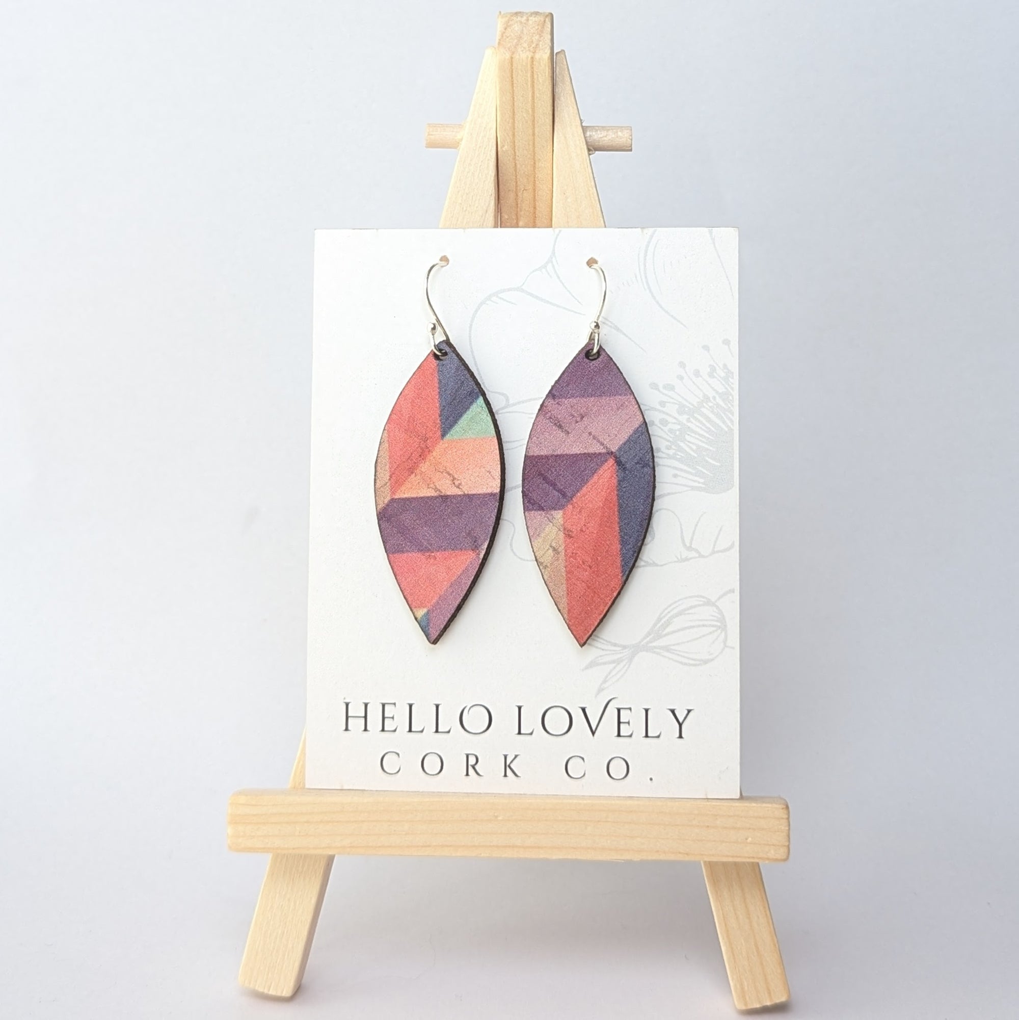 Pink Herringbone Cork Earrings - Small Leaf