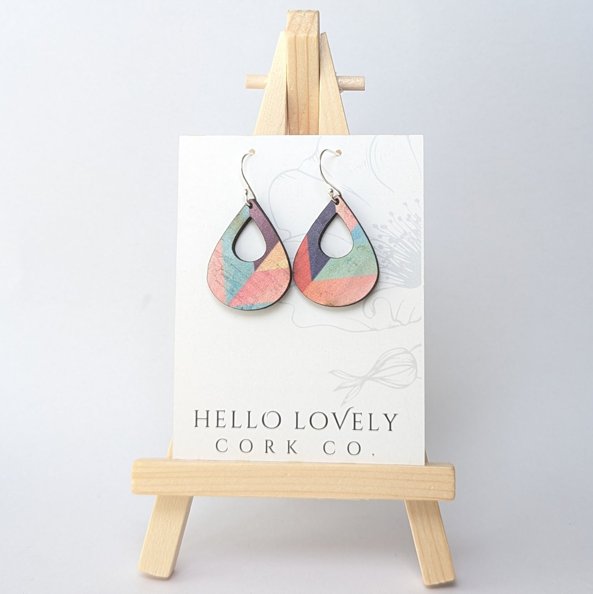 Pink Herringbone Cork Earrings - Small Teardrop