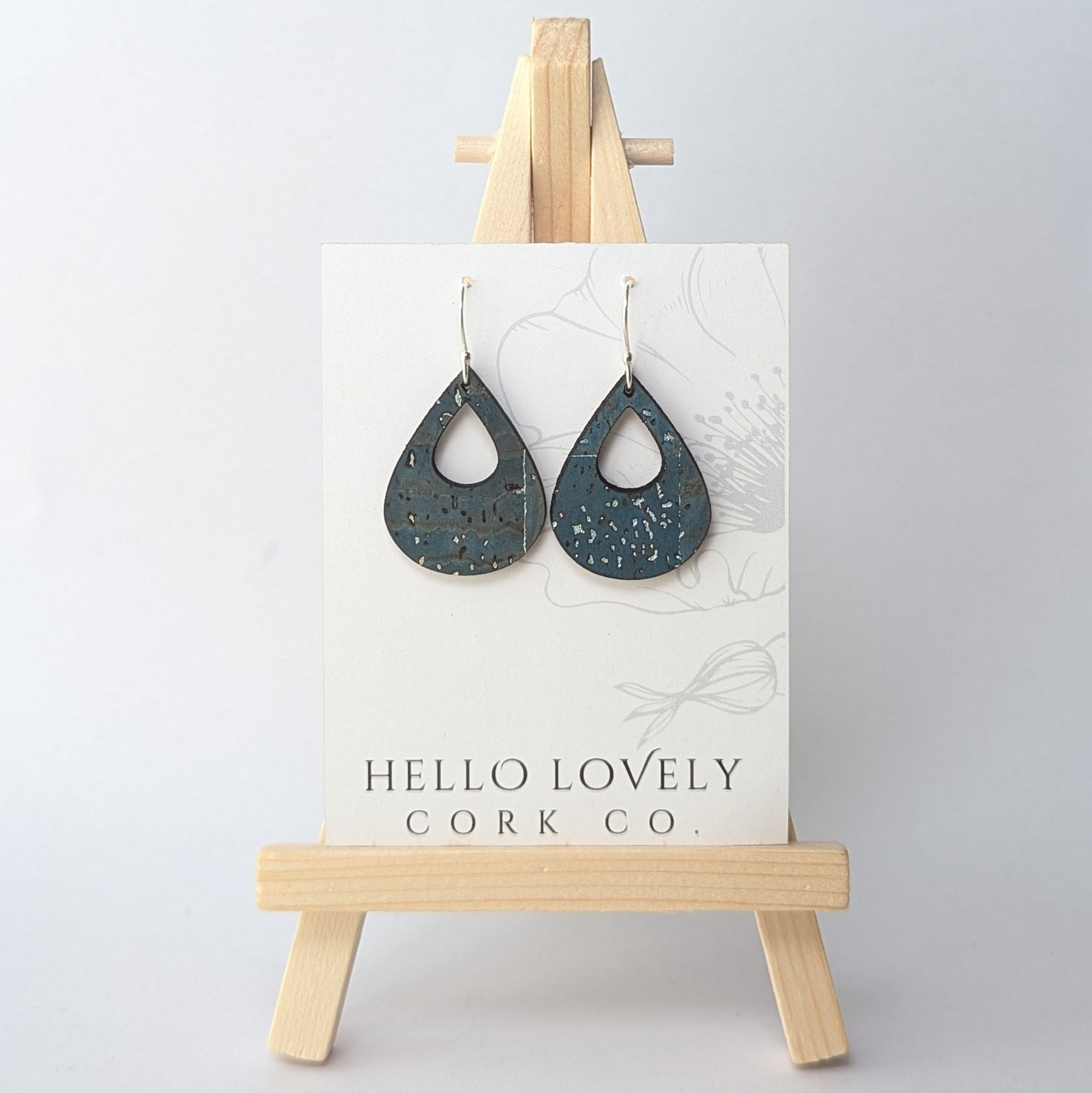 Sea Blue with Silver Flecks Cork Earrings - Small Teardrop