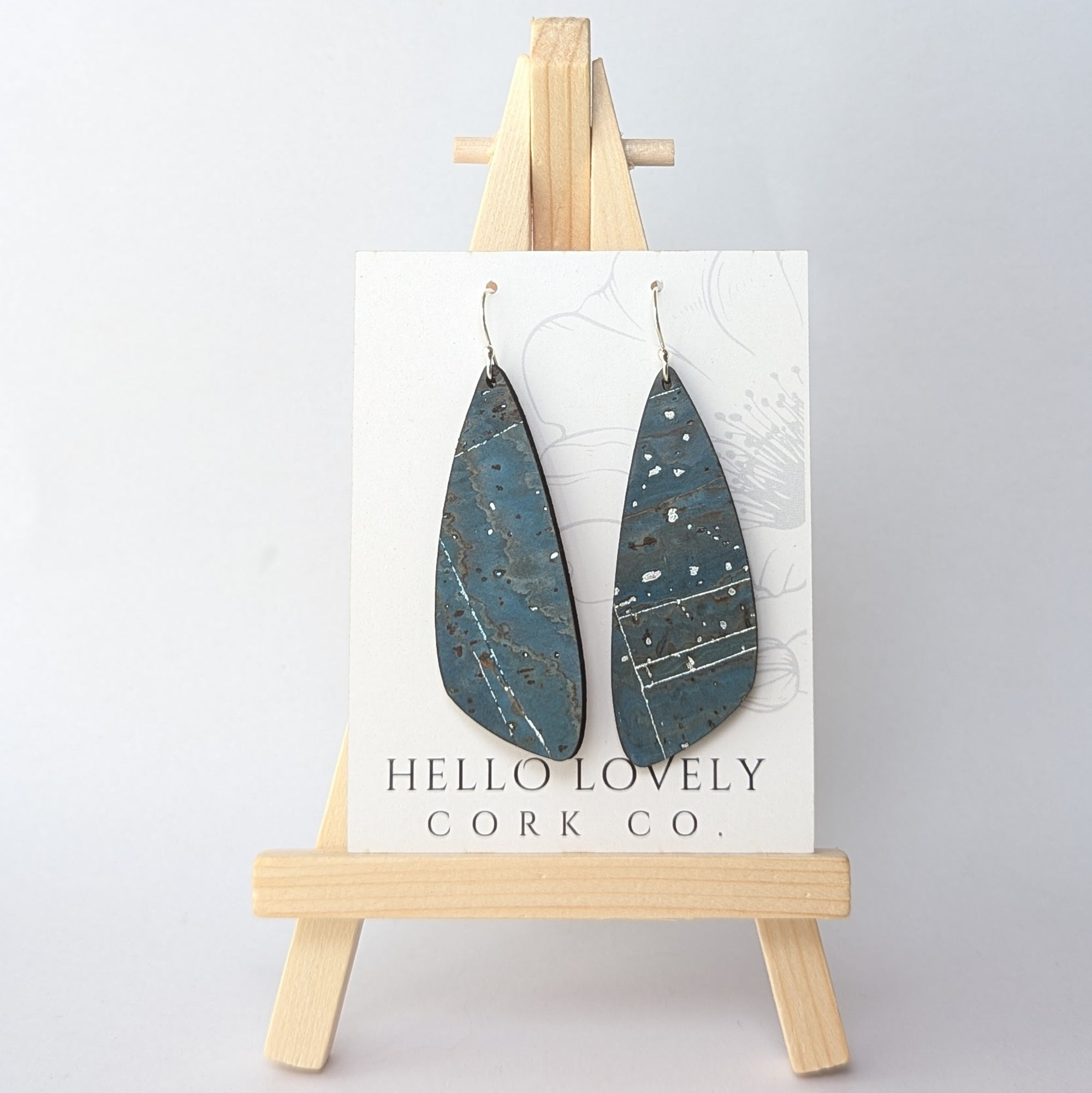 Sea Blue with Silver Flecks Cork Earrings - Small Wing