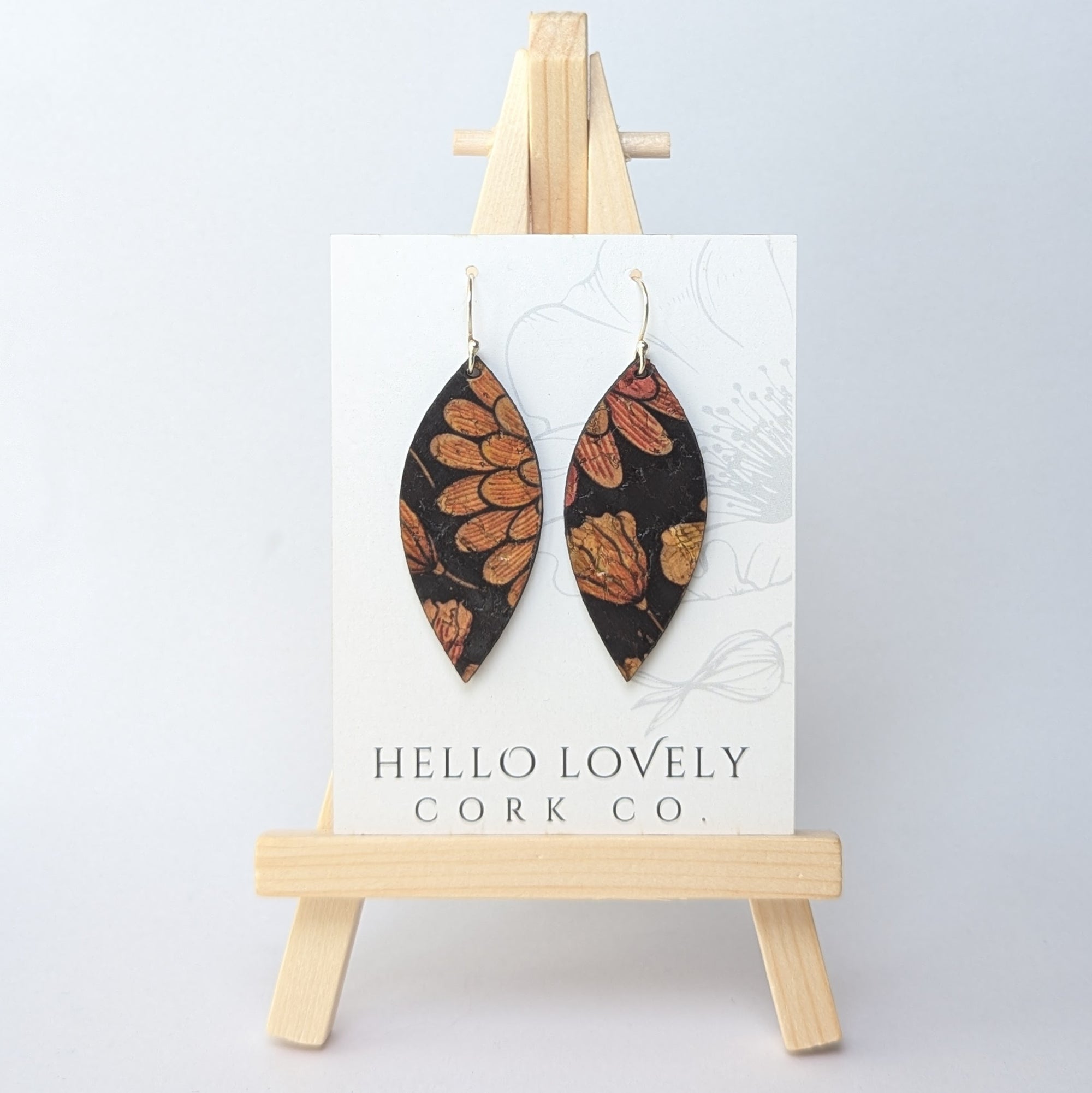 Floral on Black Cork Earrings - Small Leaf