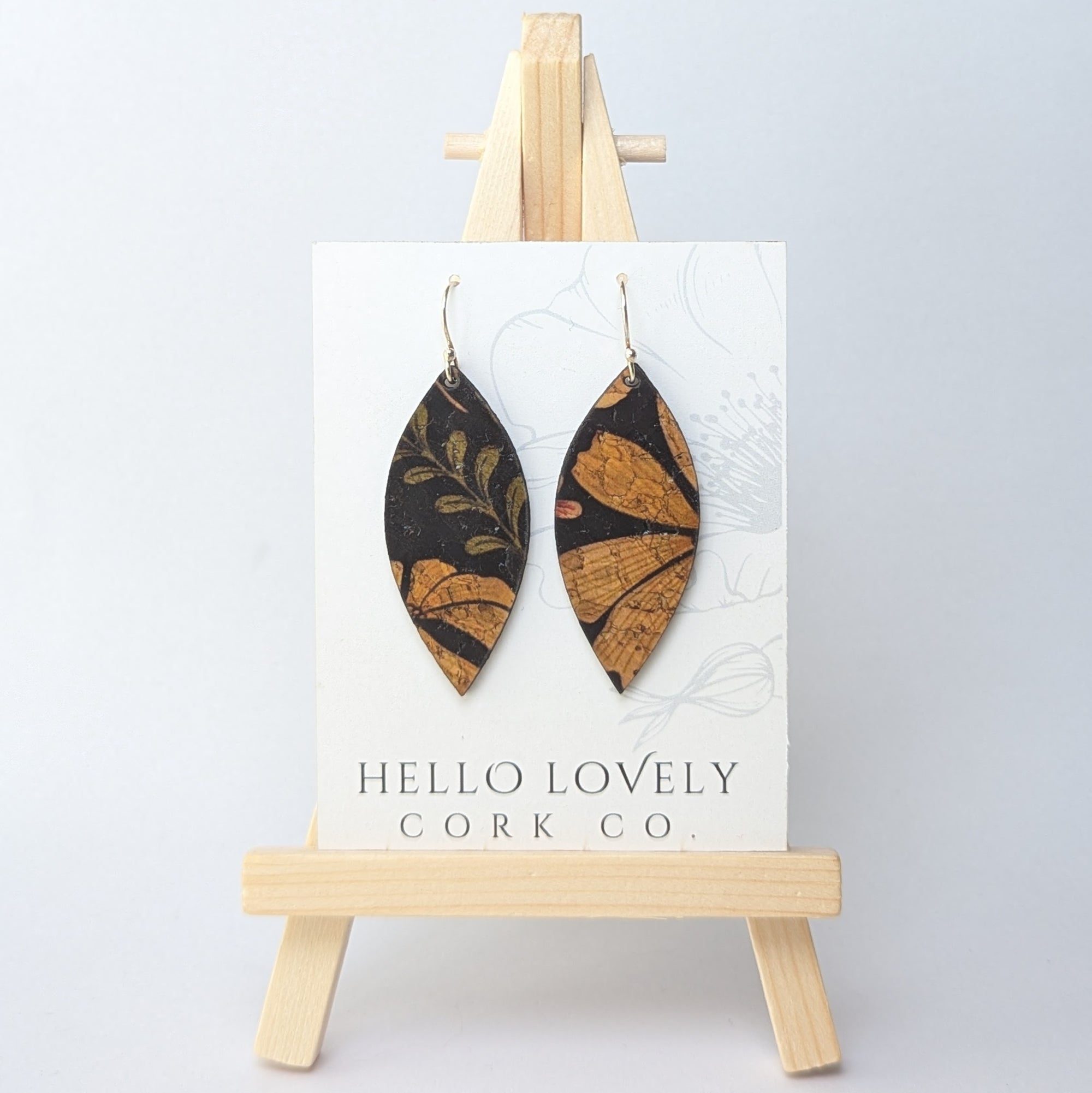 Floral on Black Cork Earrings - Small Leaf