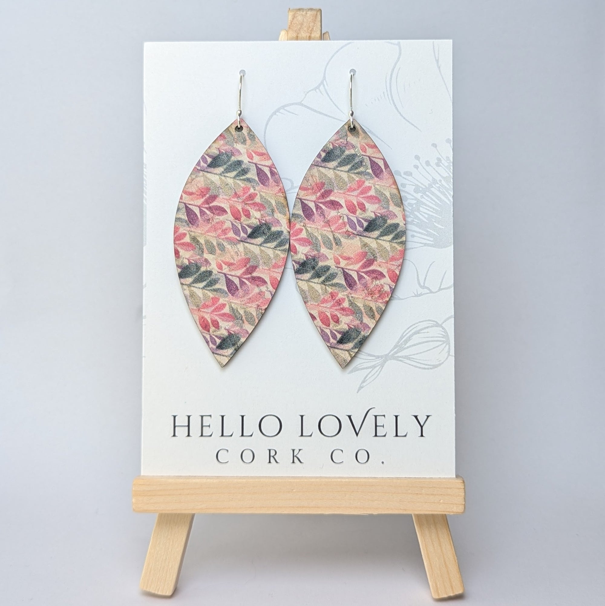 Green and Fuchsia Leaves Cork Earrings - Large Leaf