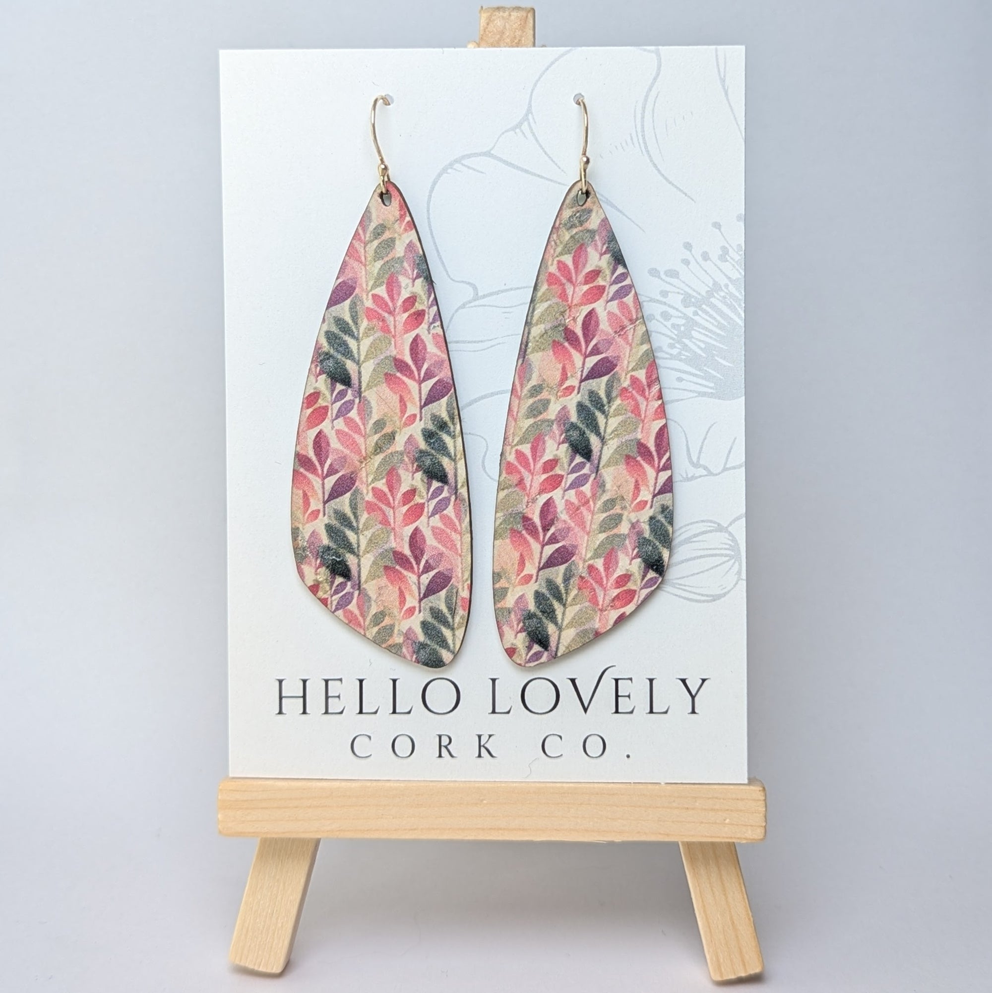 Green and Fuchsia Leaves Cork Earrings - Large Wing