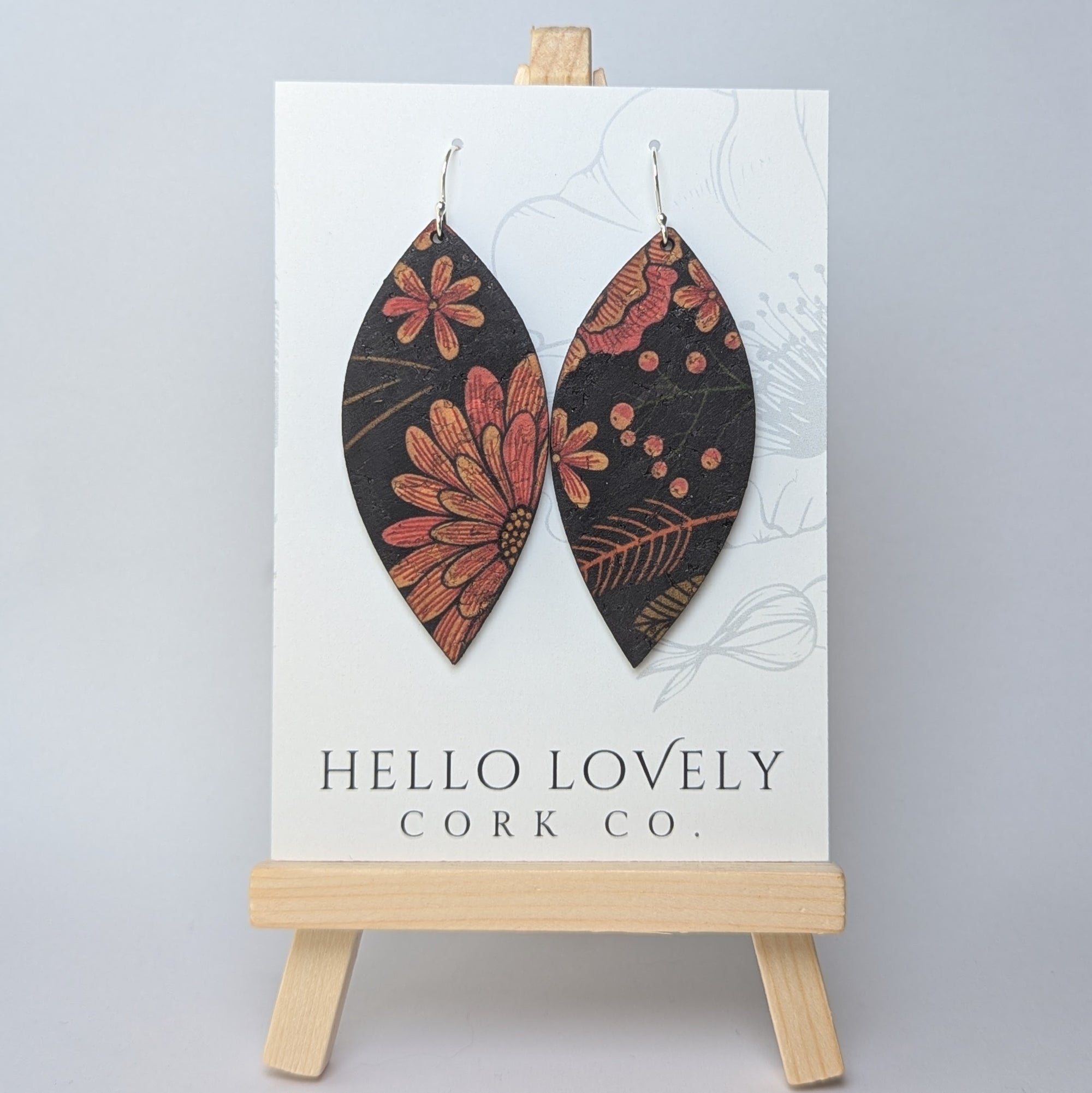 Floral on Black Cork Earrings - Large Leaf