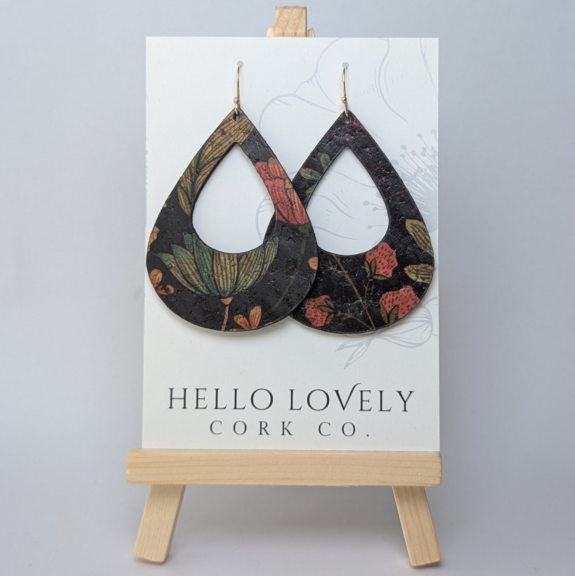 Floral on Black Cork Earrings - Large Teardrop