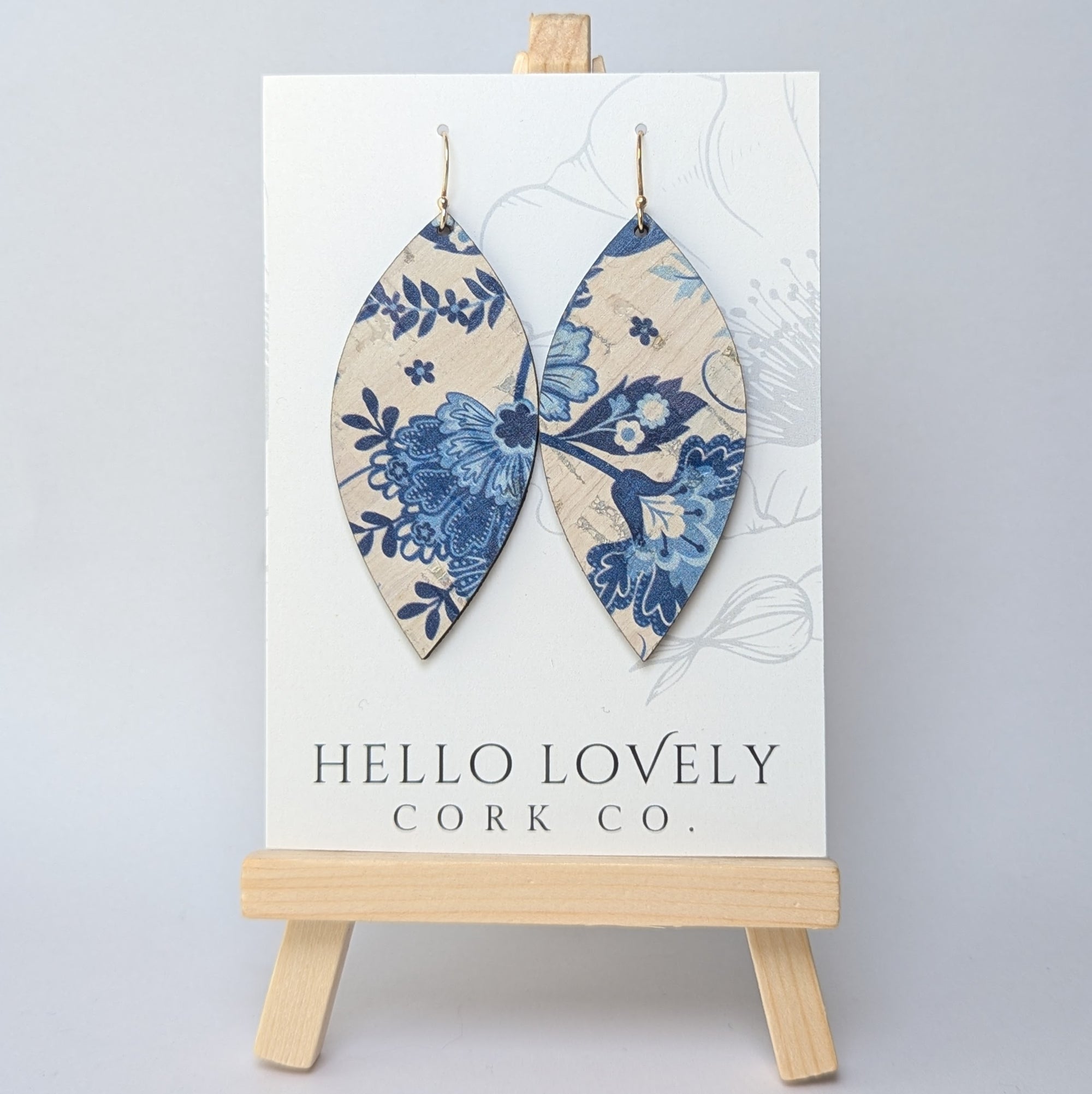 Blue and White Floral Cork Earrings - Large Leaf