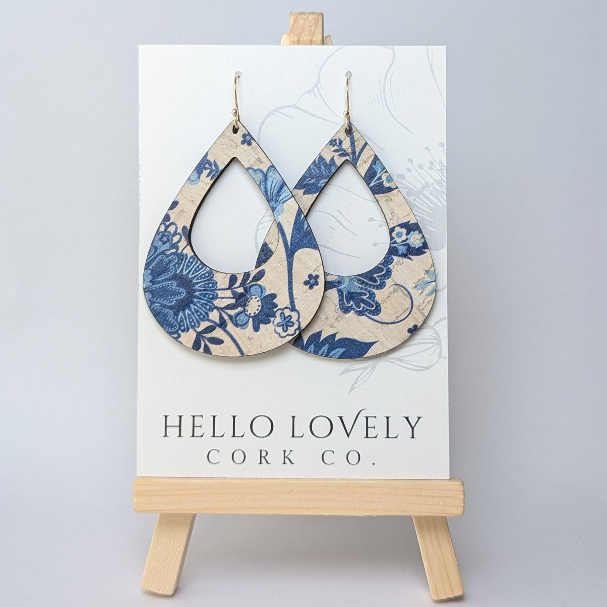 Blue and White Floral Cork Earrings - Large Teardrop