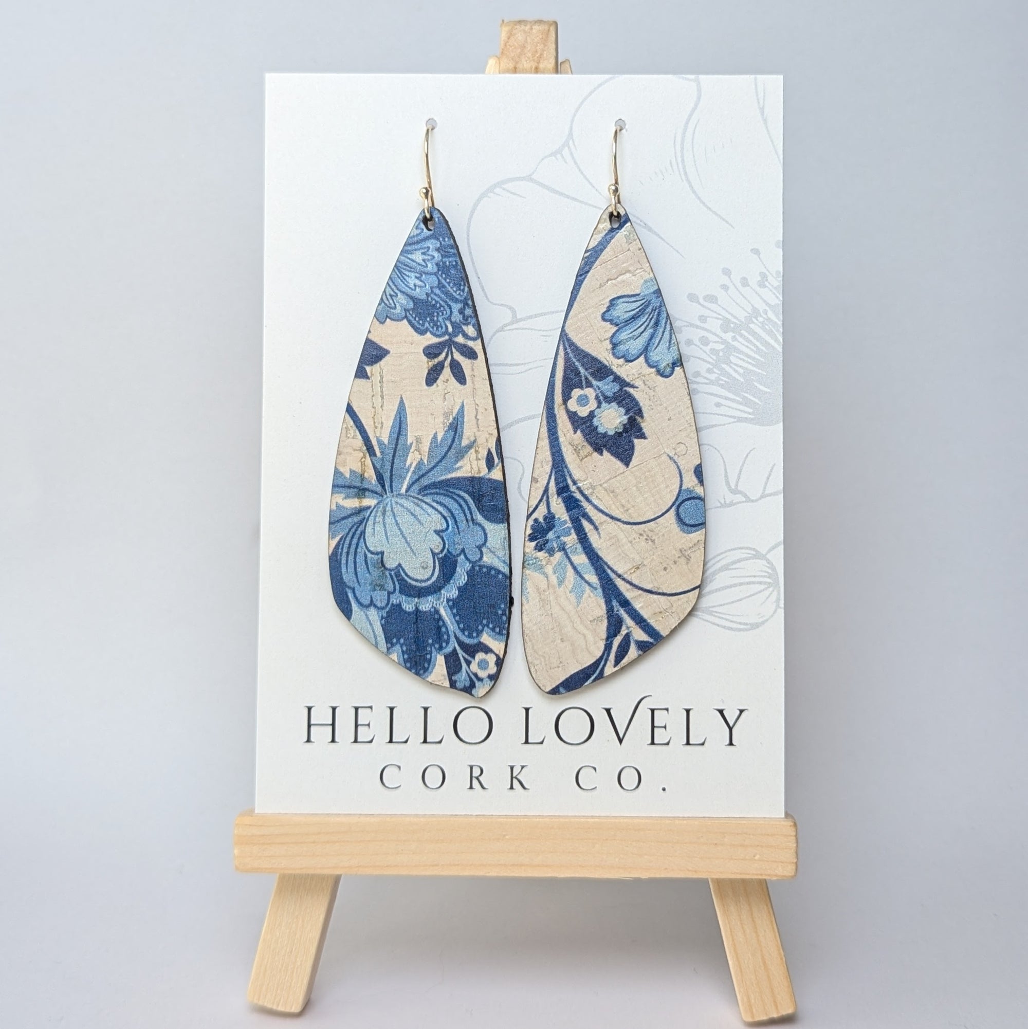 Blue and White Floral Cork Earrings - Large Wing