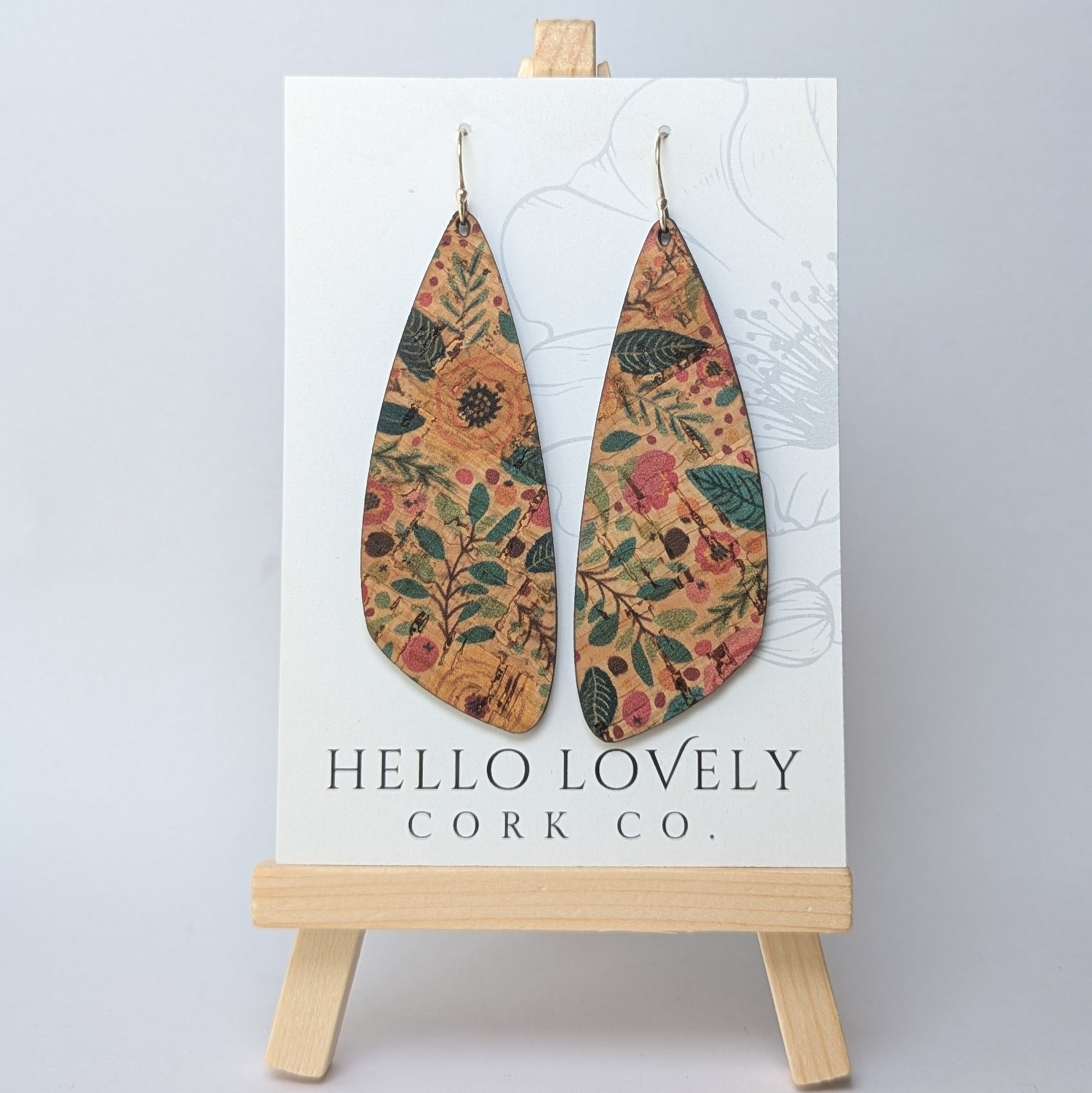 Green and Pink Floral Cork Earrings - Large Wing