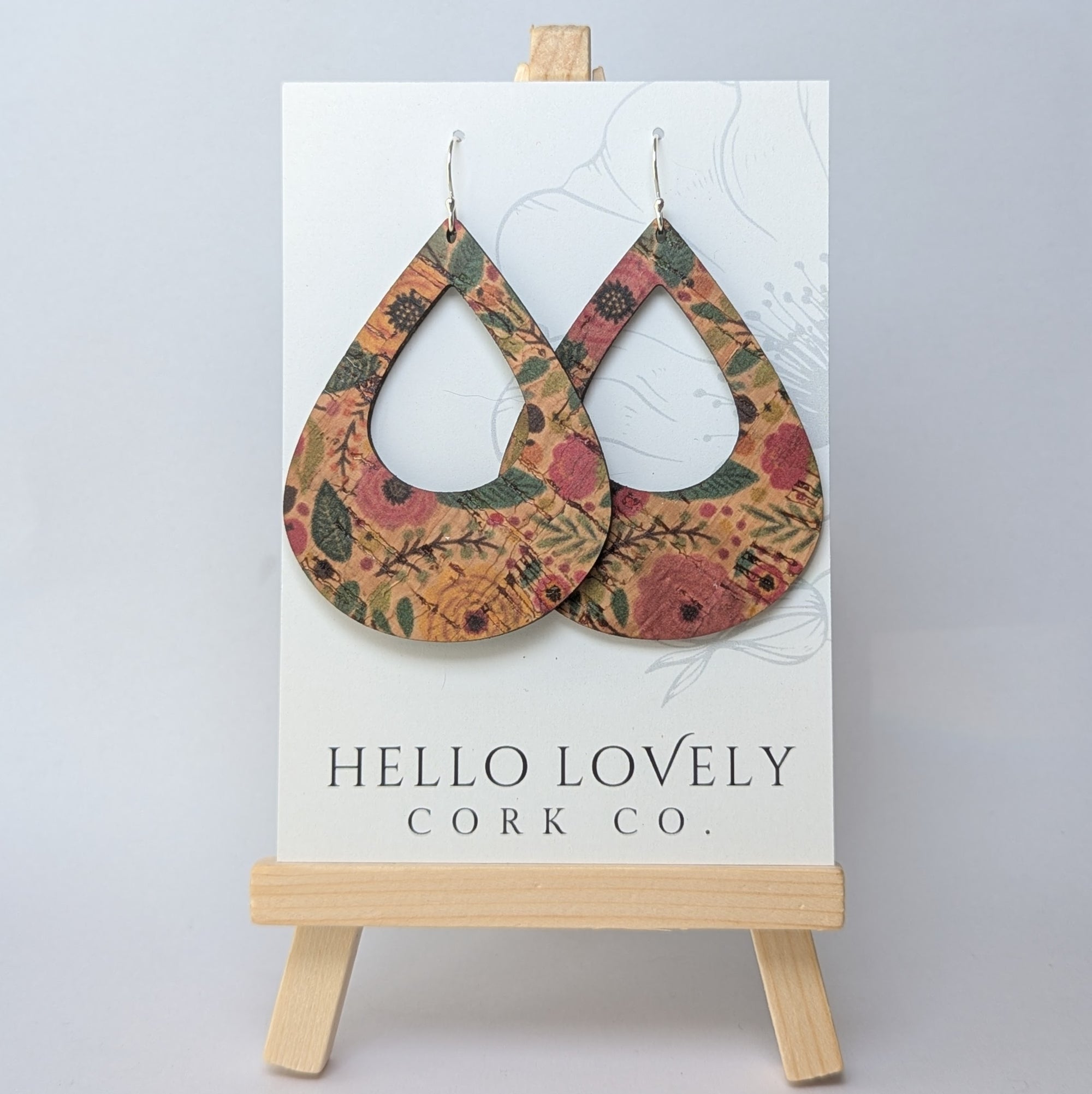 Green and Pink Floral Cork Earrings - Large Teardrop