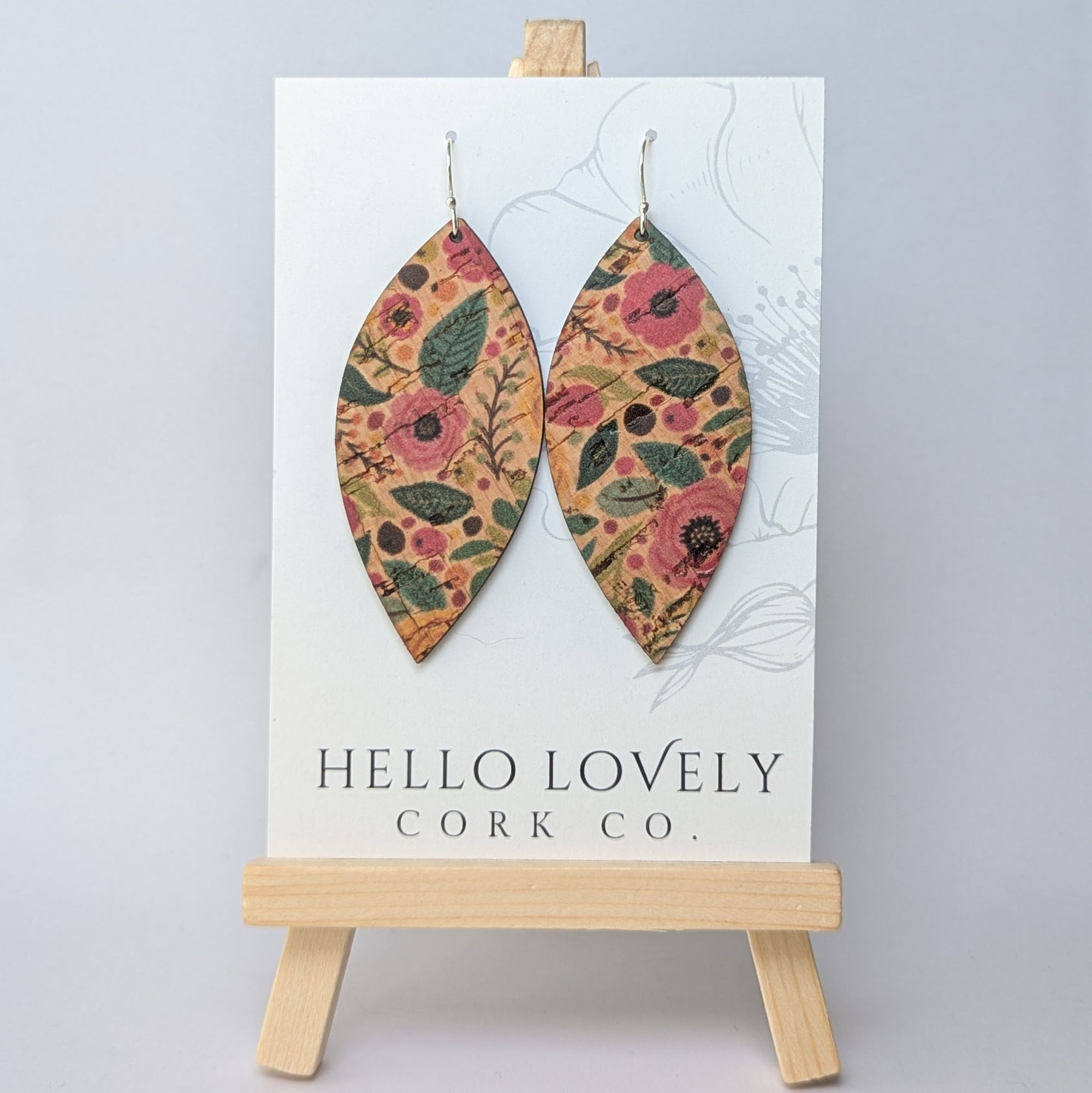 Green and Pink Floral Cork Earrings - Large Leaf