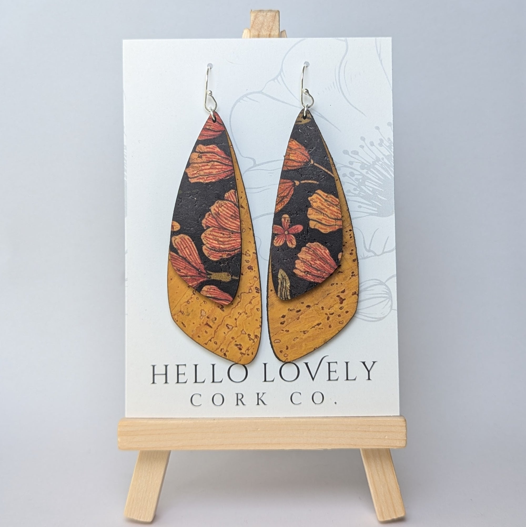 Dragonfly Earrings - Floral on Black with Ochre