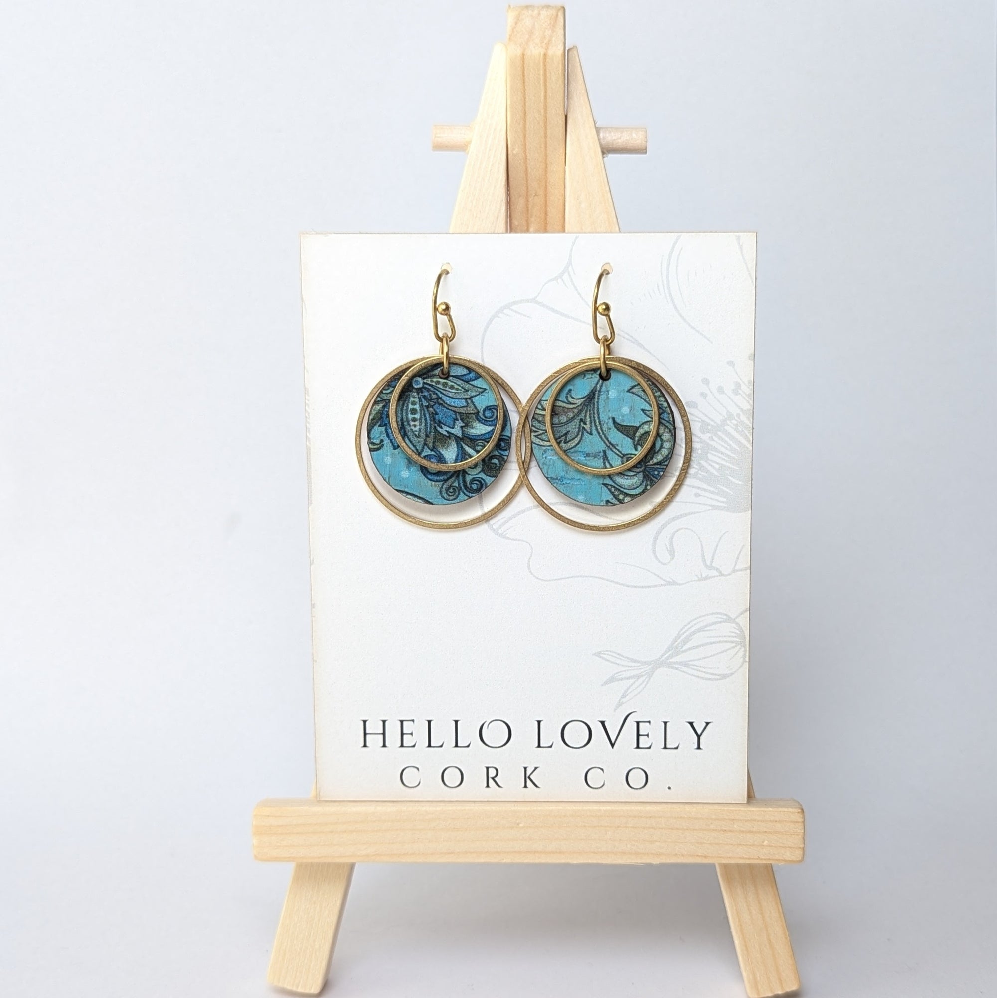 Circle Cork and Brass Earrings - Olive and Teal