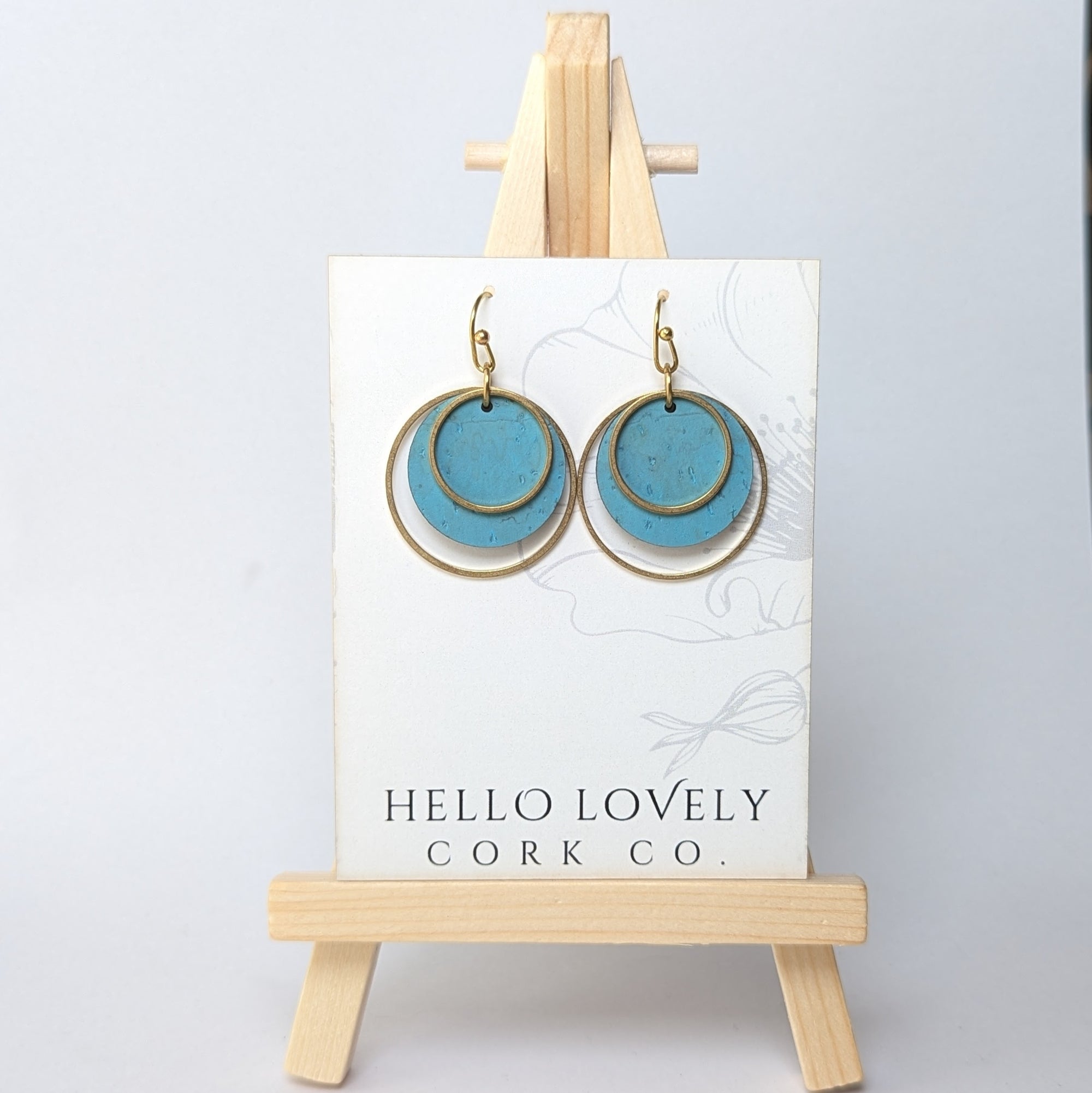 Circle Cork and Brass Earrings - Bright Teal