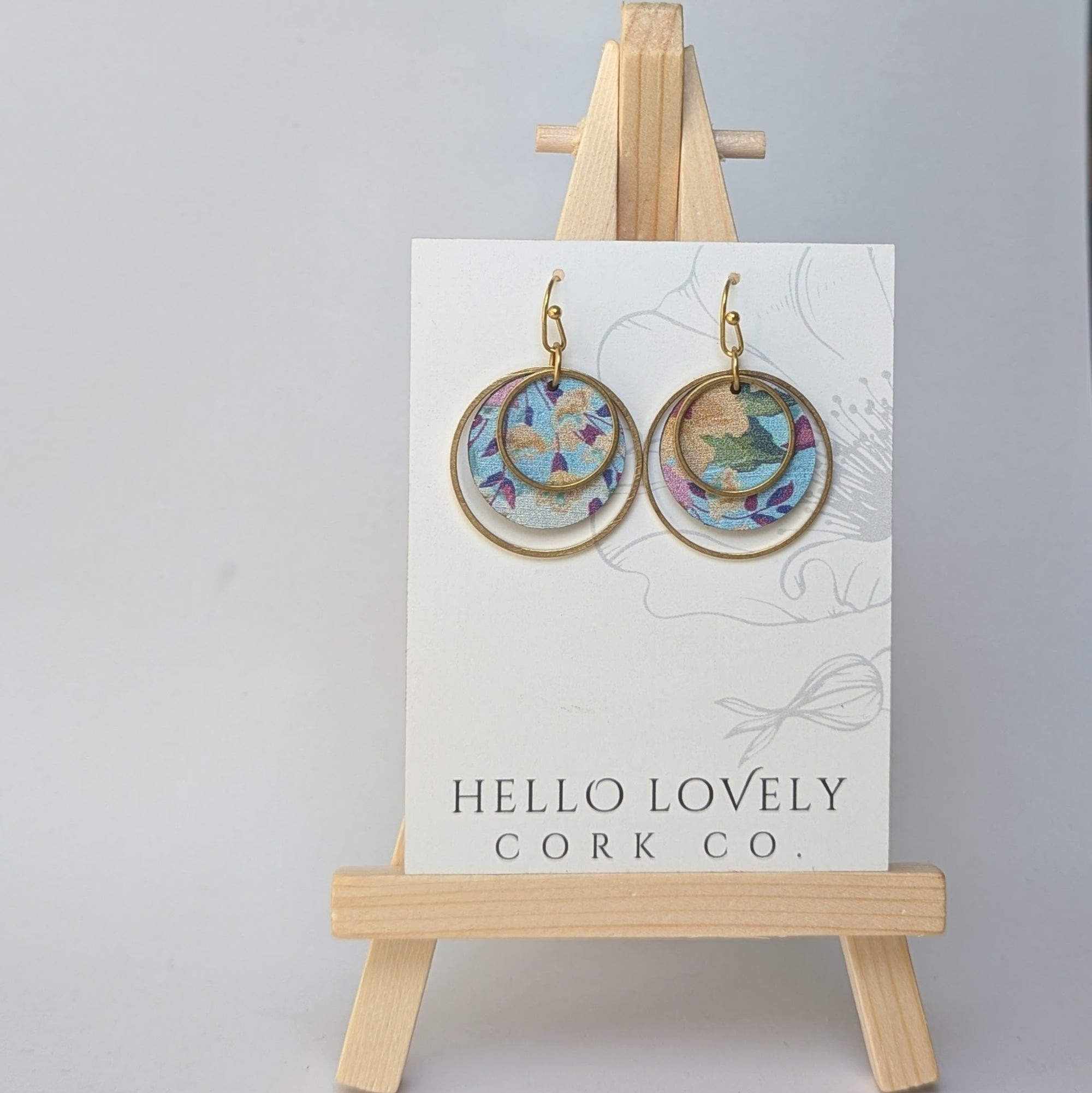 Circle Cork and Brass Earrings - Spring Floral on Blue