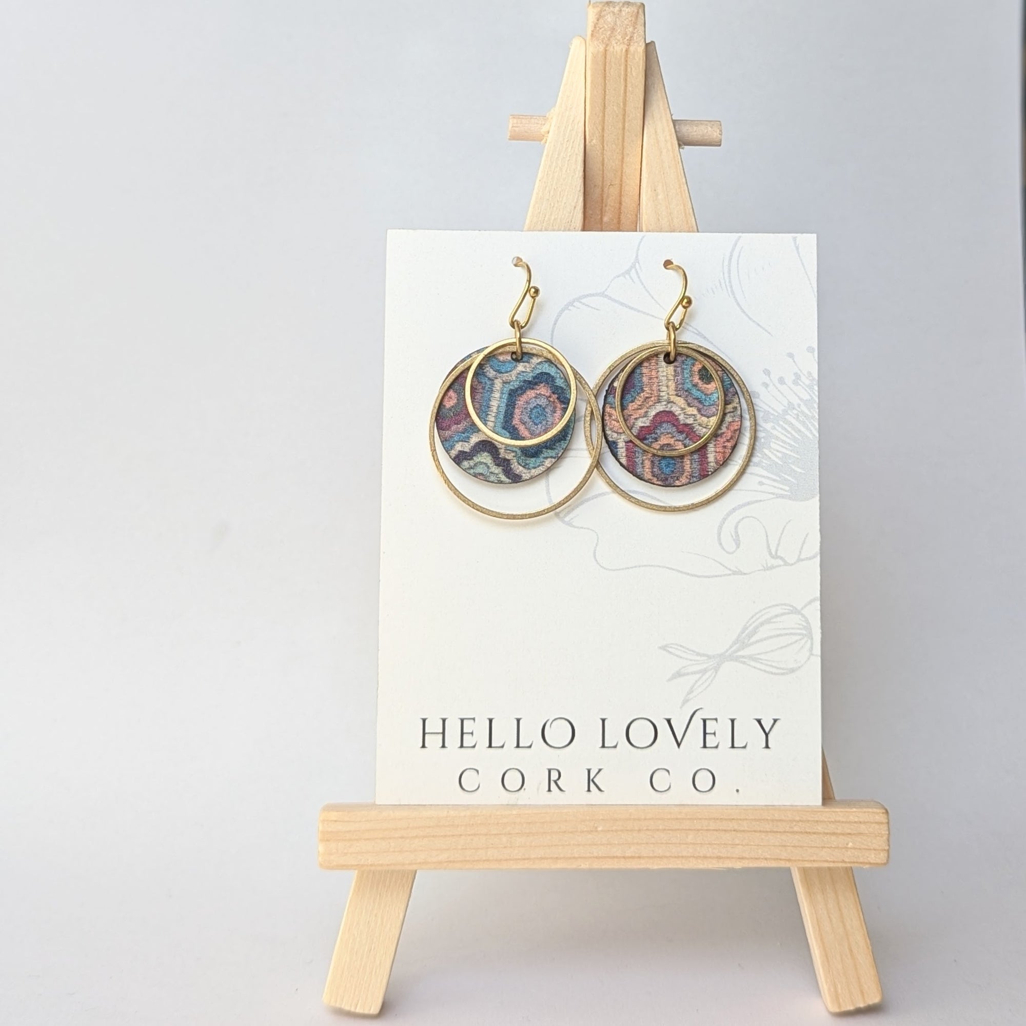 Circle Cork and Brass Earrings - Embroidered Hexagons