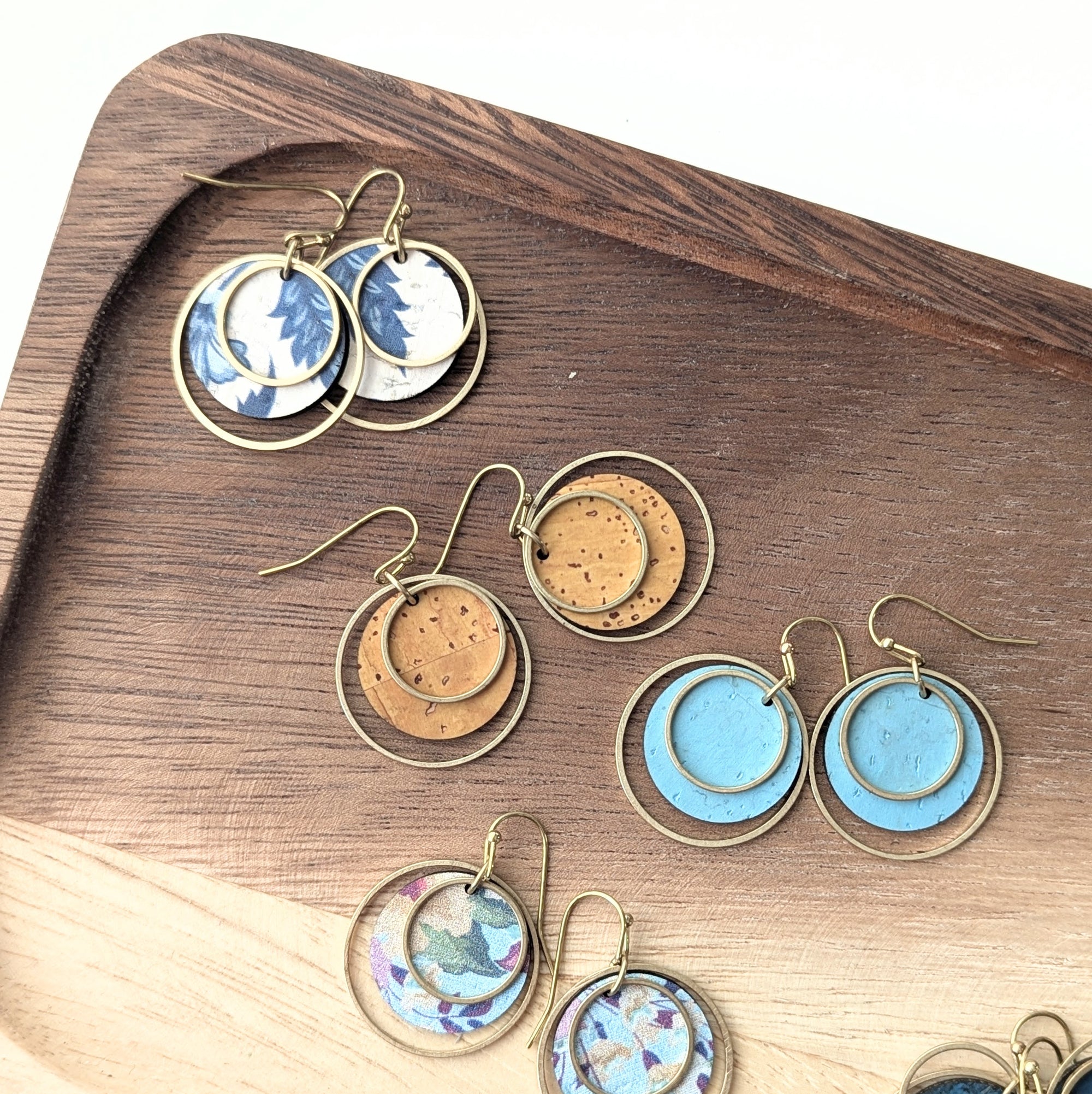 Brass Circle Earrings - Blue and White Floral