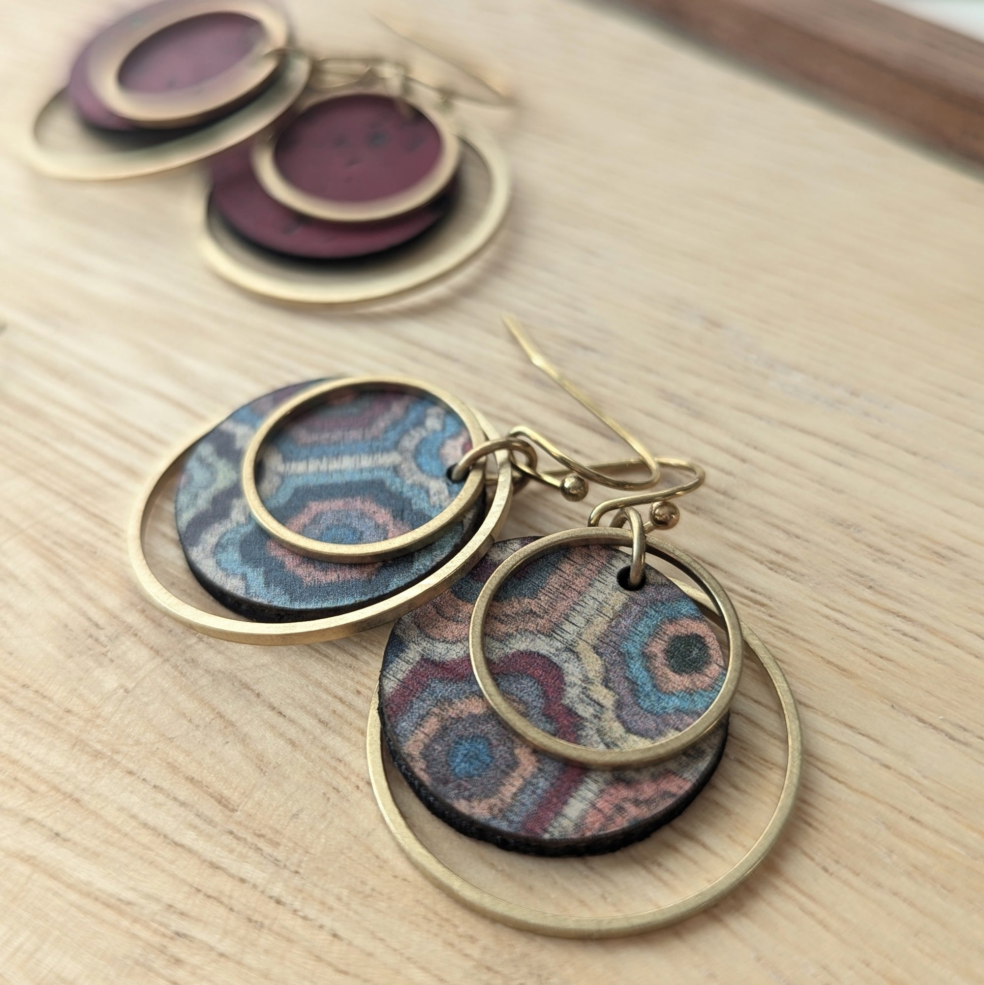 Circle Cork and Brass Earrings - Embroidered Hexagons
