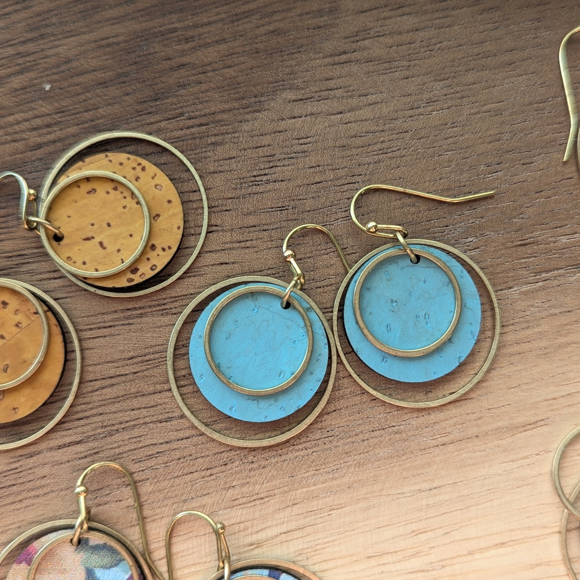 Circle Cork and Brass Earrings - Bright Teal