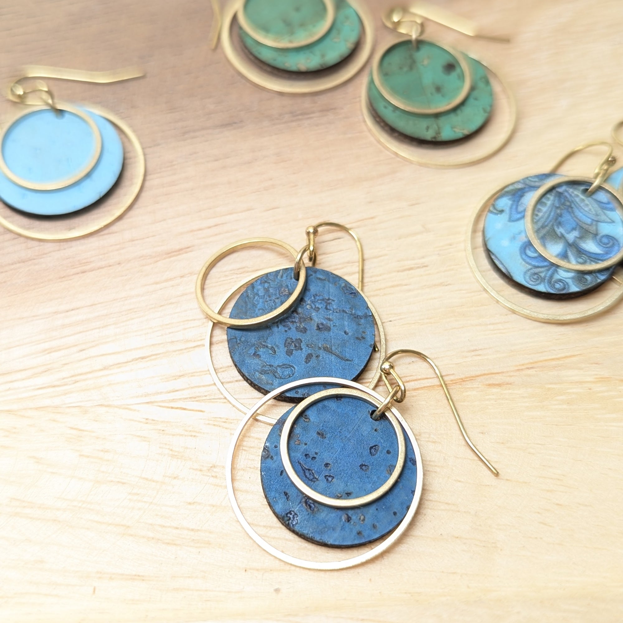 Circle Cork and Brass Earrings - Deep Teal