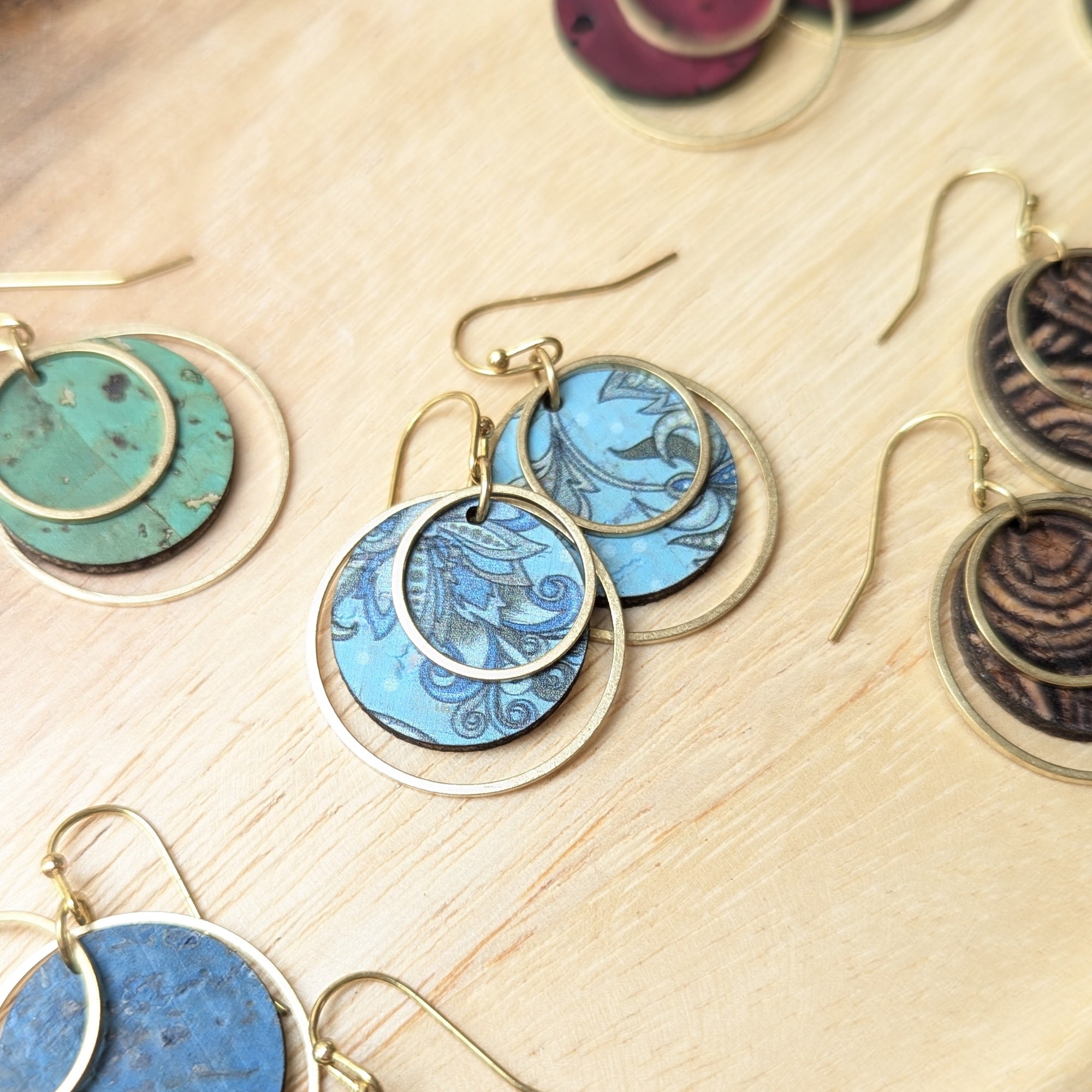 Circle Cork and Brass Earrings - Olive and Teal