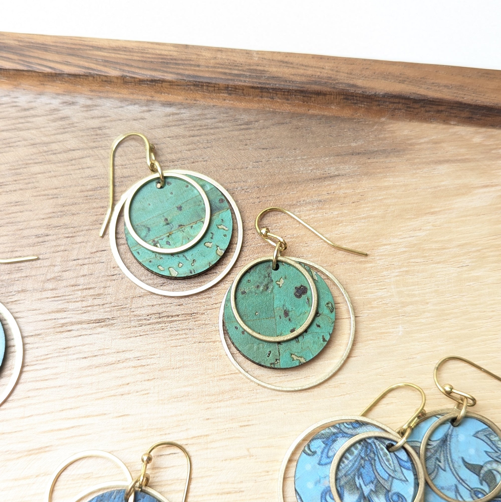 Circle Cork and Brass Earrings - Grass Green