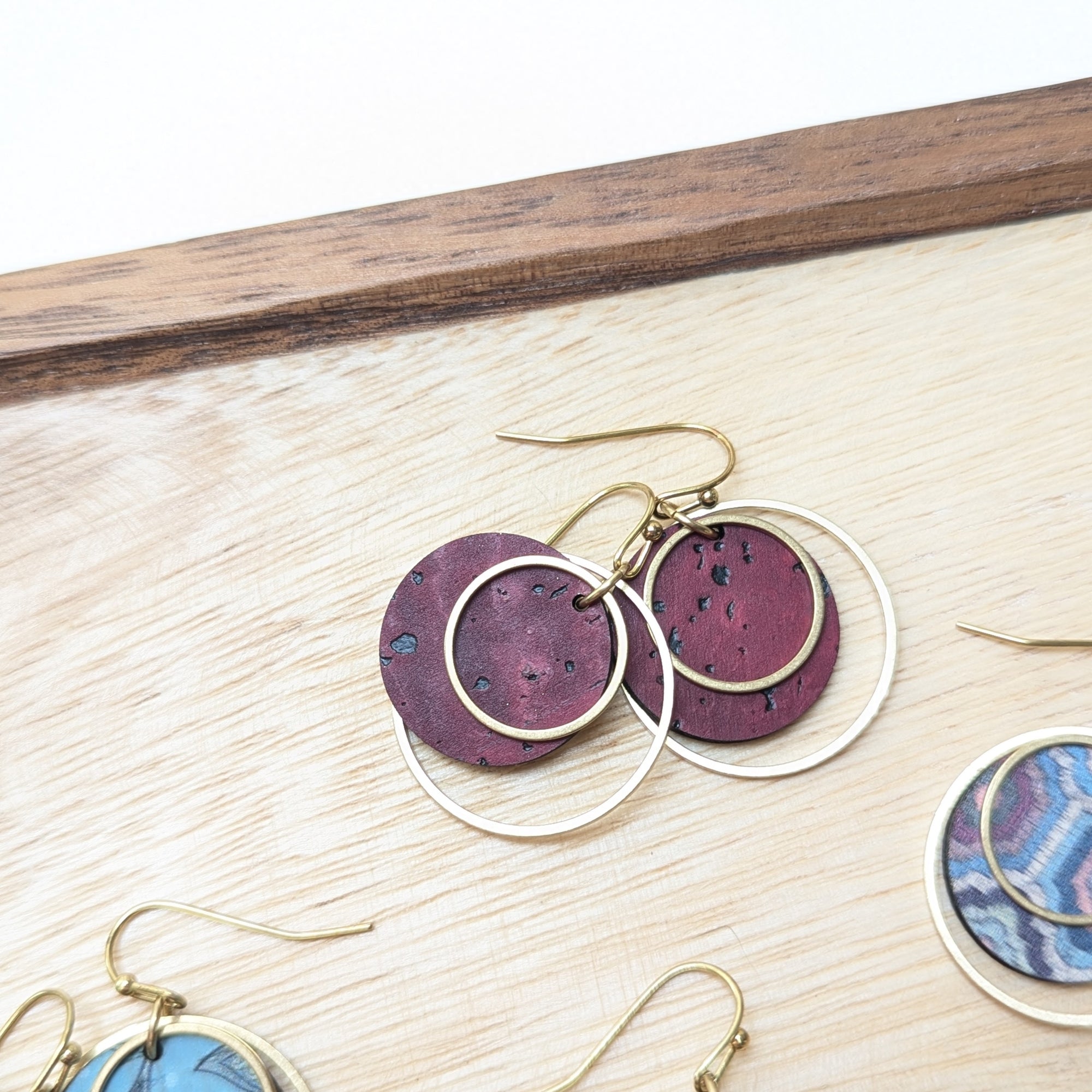 Circle Cork and Brass Earrings - Wine Red