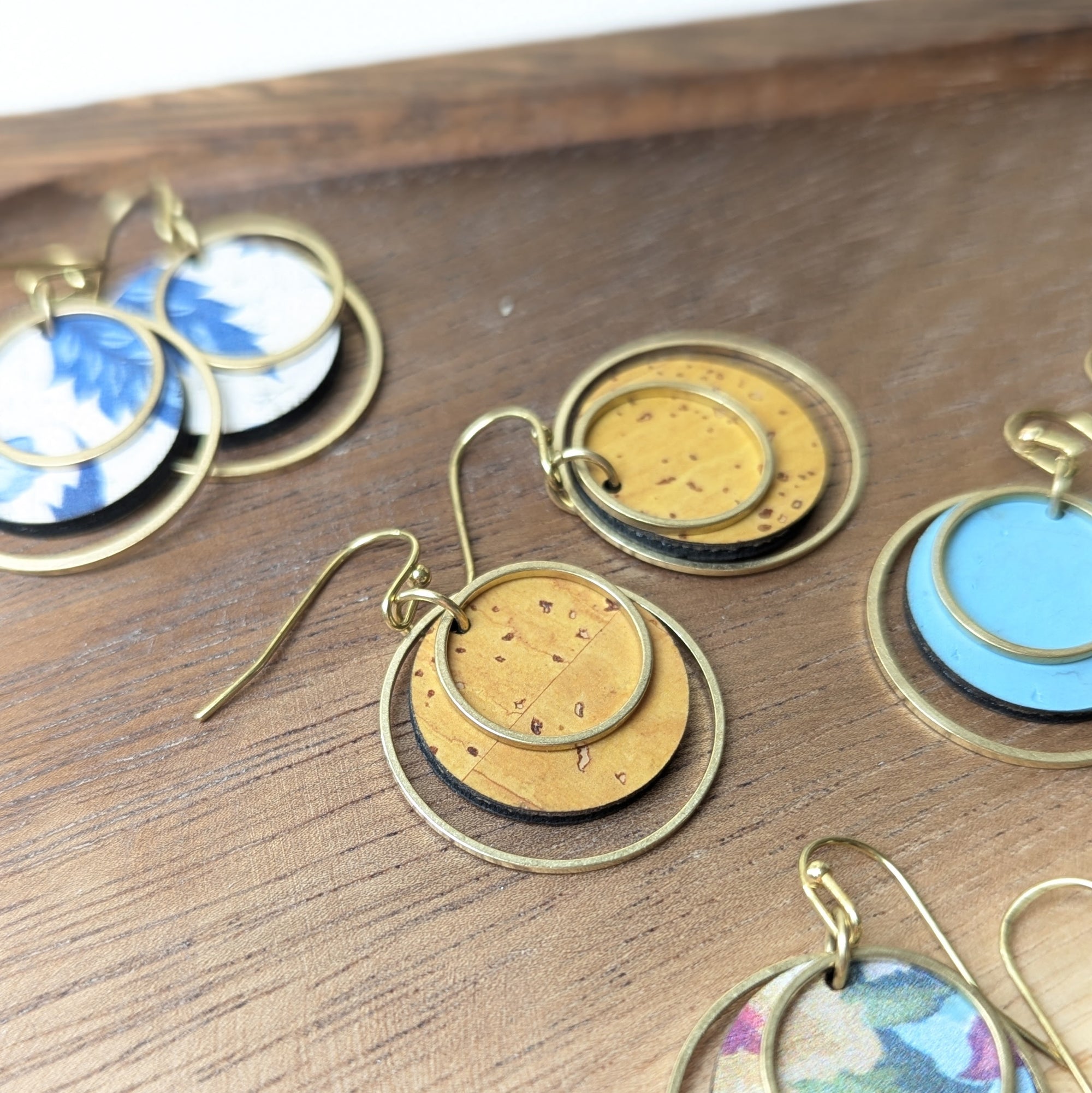 Circle Cork and Brass Earrings - Ochre Yellow