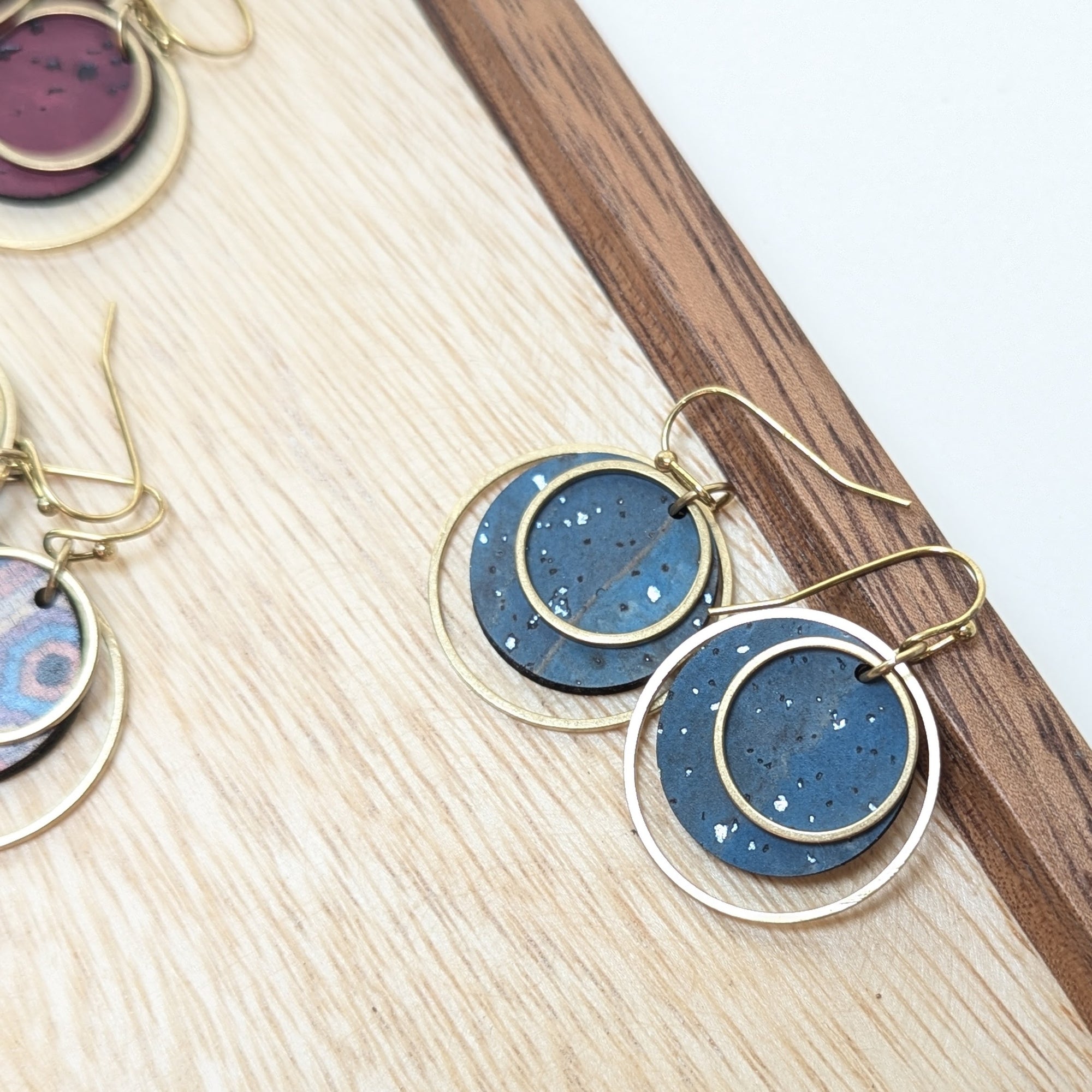Circle Cork and Brass Earrings - Sea Blue