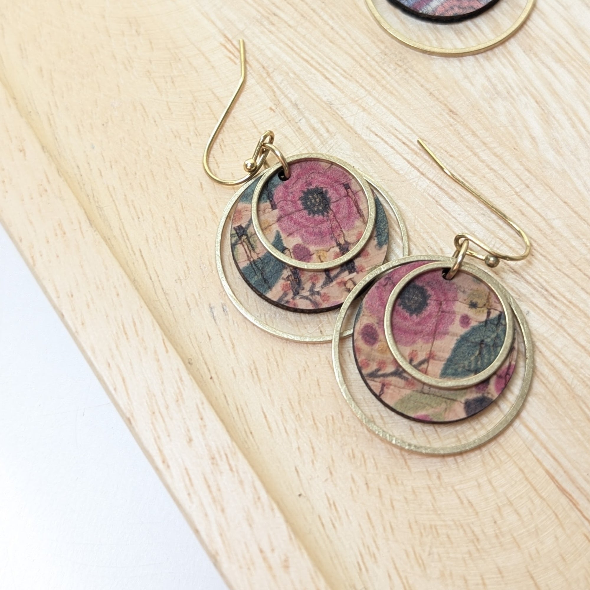 Circle Cork and Brass Earrings - Green and Pink Floral