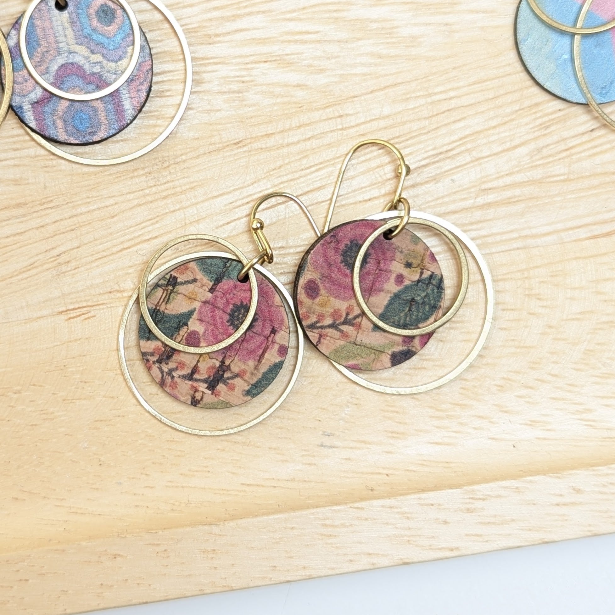 Circle Cork and Brass Earrings - Green and Pink Floral