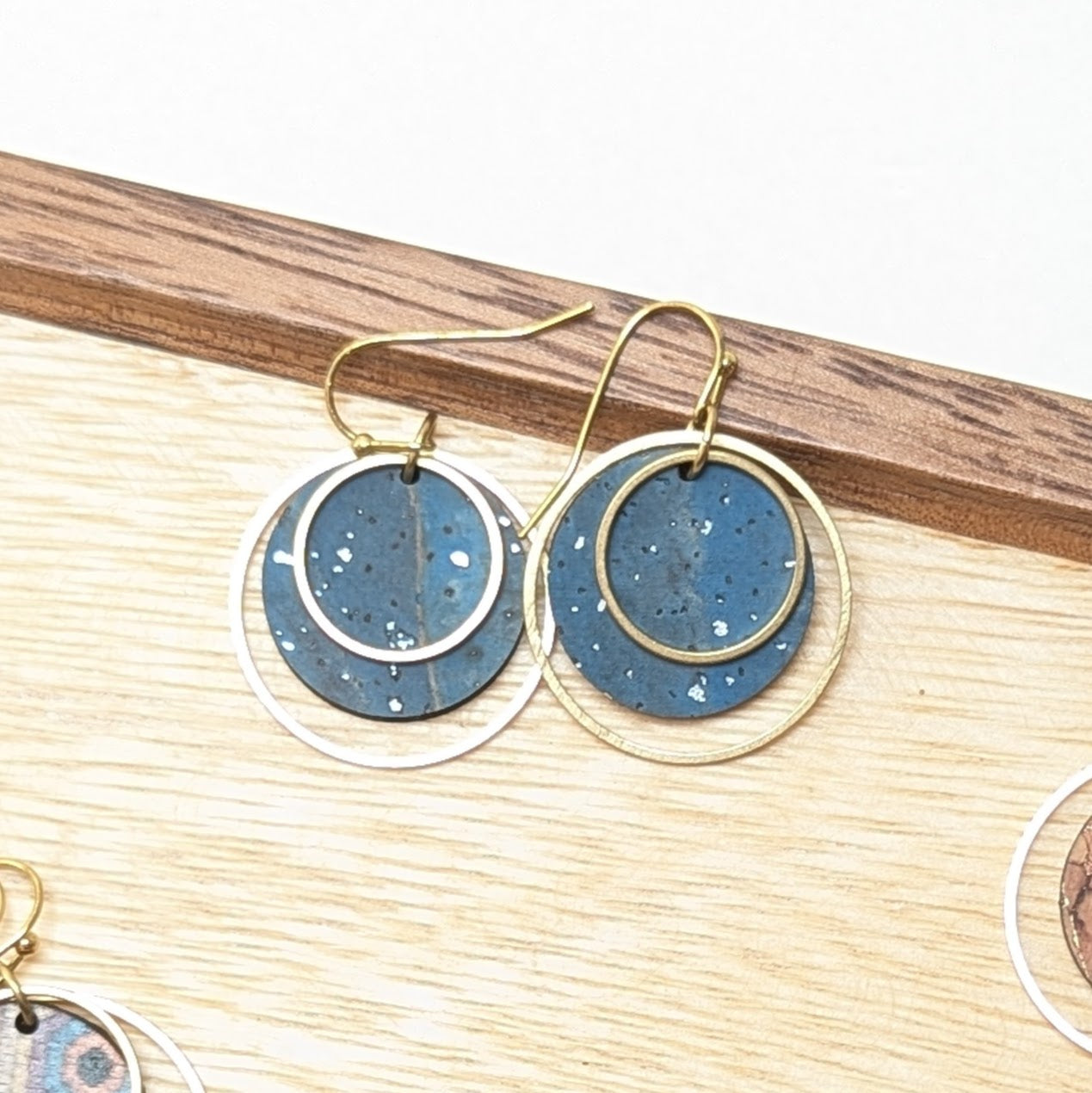 Circle Cork and Brass Earrings - Sea Blue