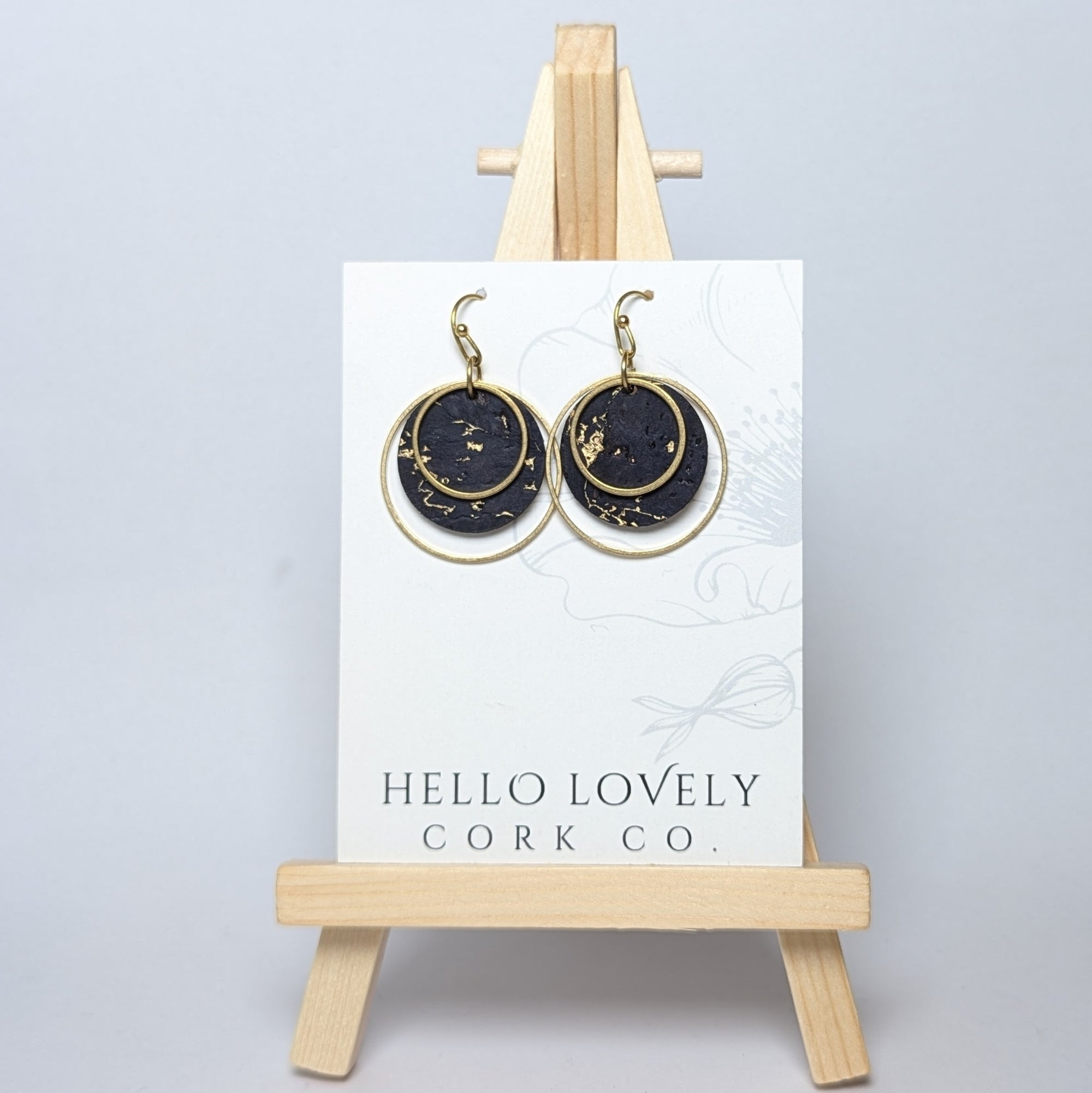 Circle Cork and Brass Earrings - Navy Gold