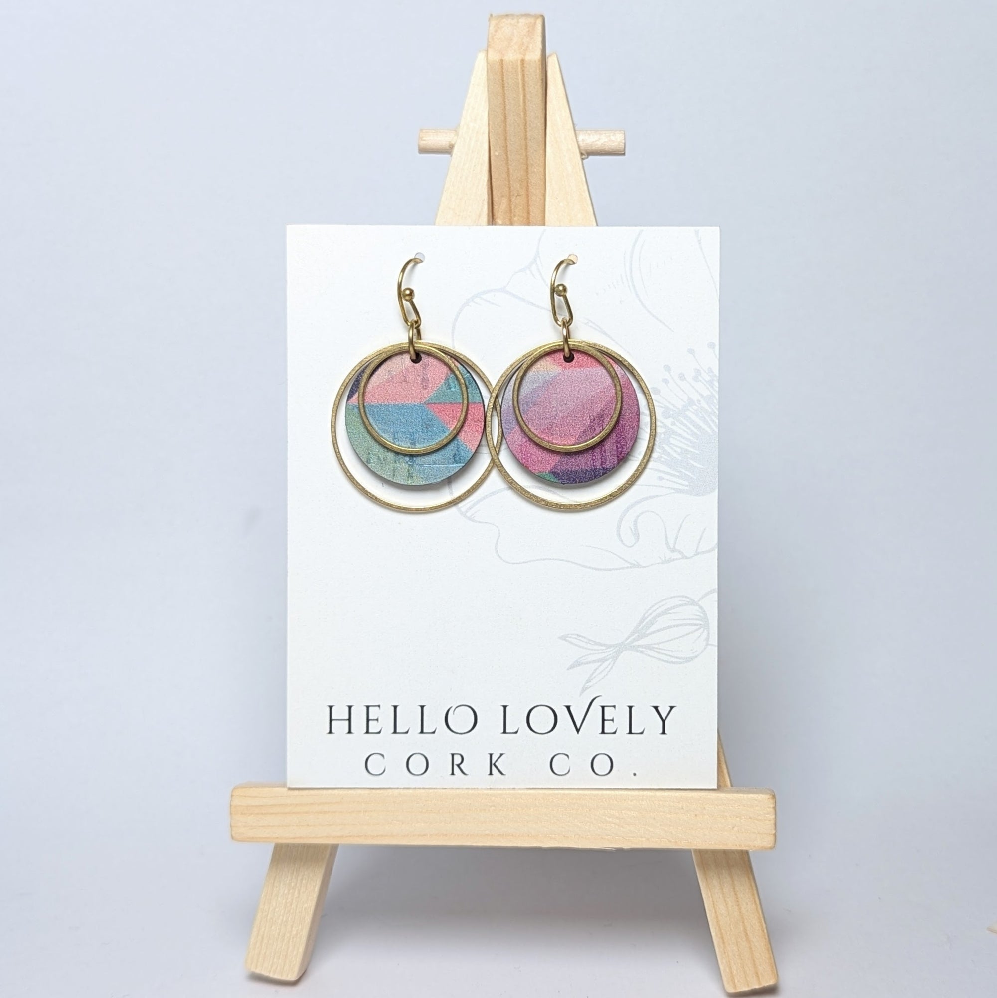 Circle Cork and Brass Earrings - Pink Herringbone