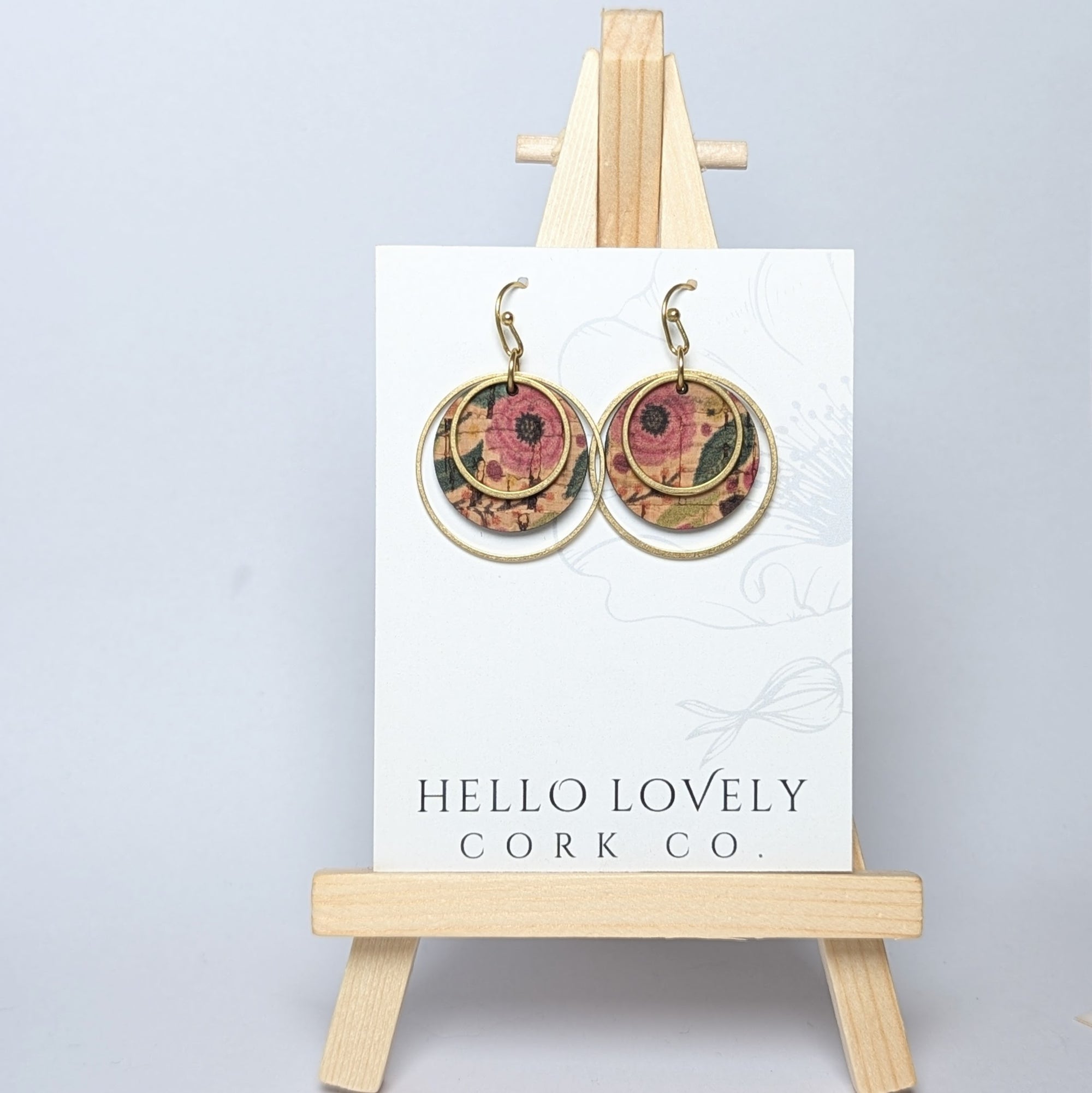 Circle Cork and Brass Earrings - Green and Pink Floral