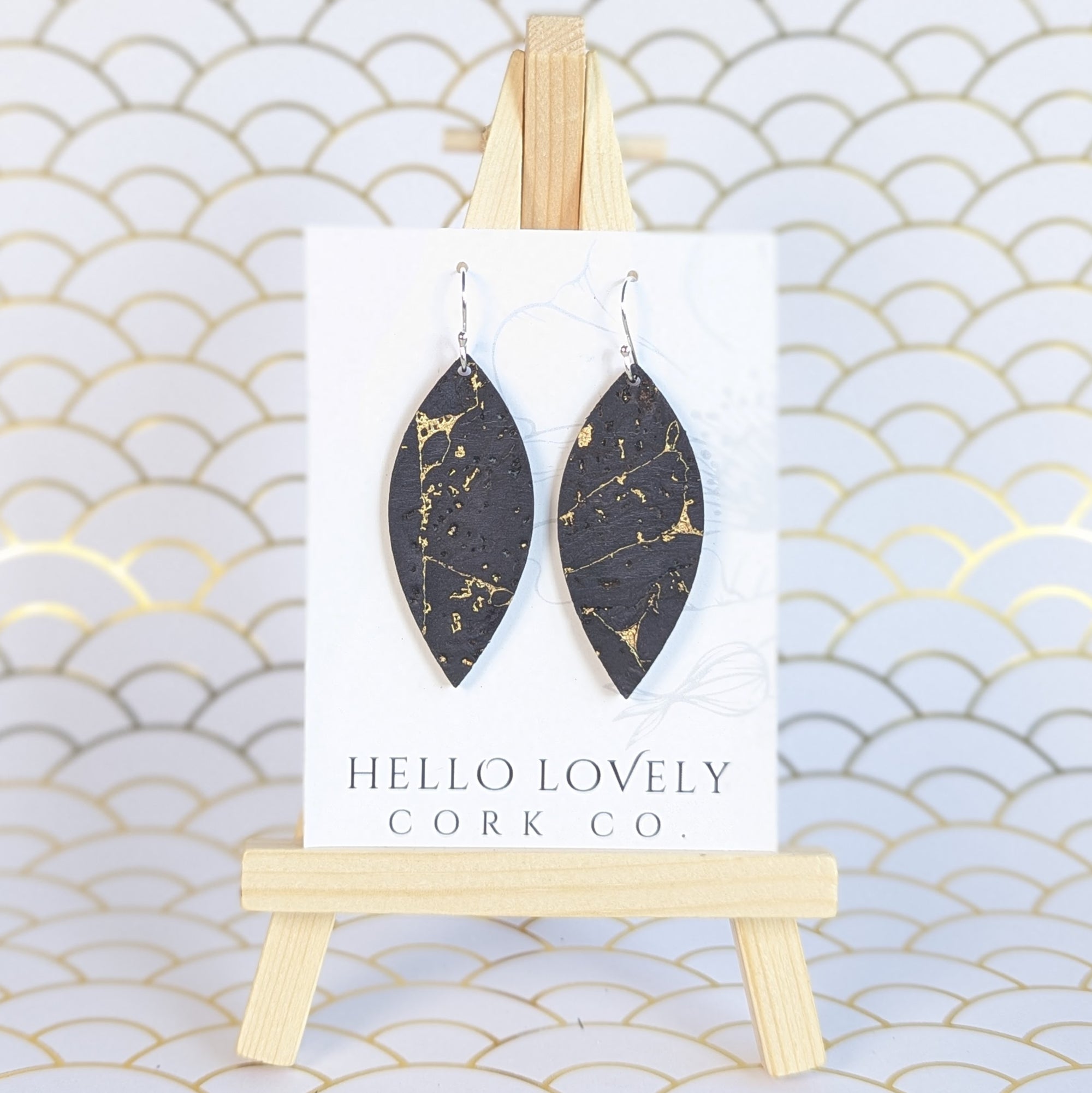 Navy Gold Cork Earrings- Small Leaf