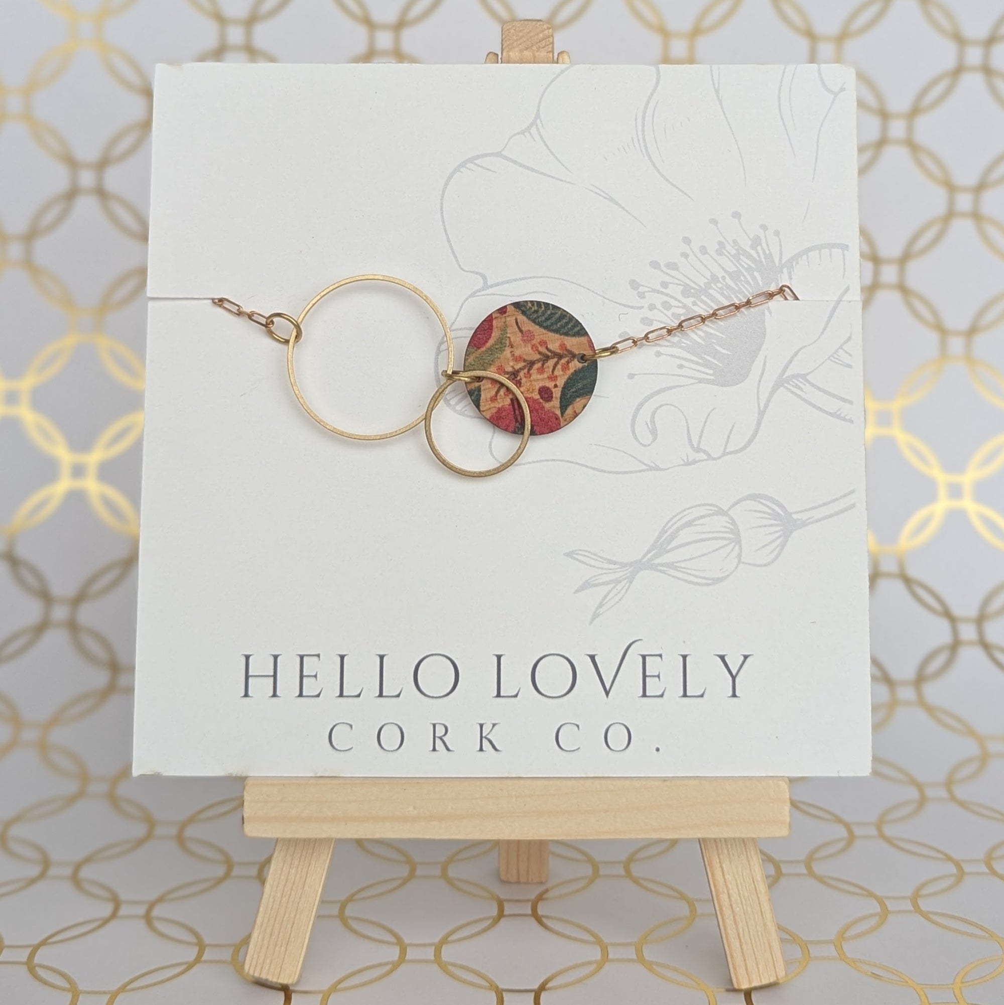Brass Circle Necklace - Pink Herringbone with Floral